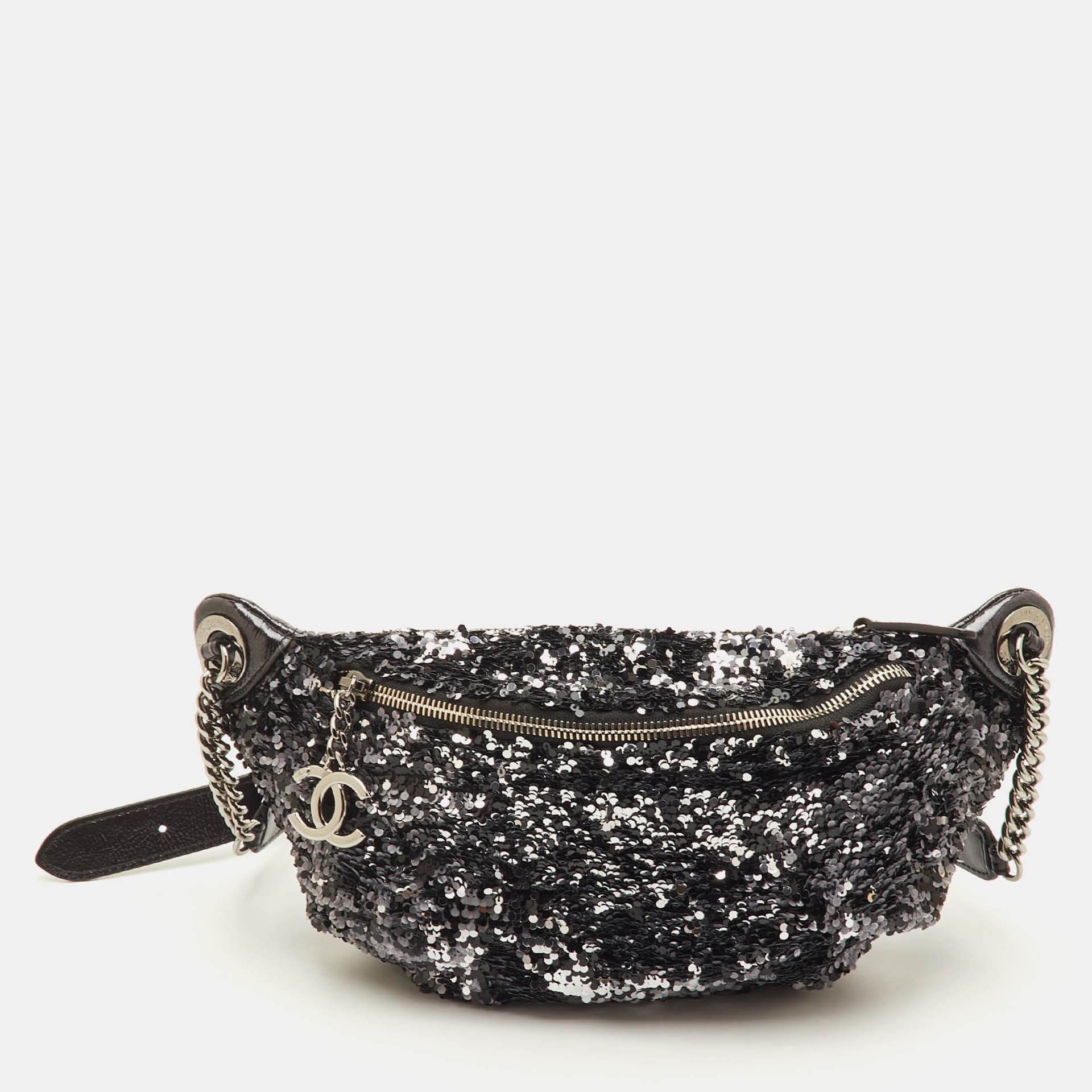 Chanel CC Metallic Black/Silver Sequins and Glazed Patent Leather Fanny Pack Waist Bag