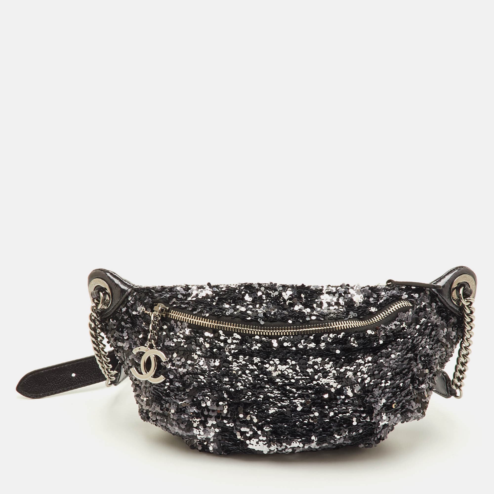 Chanel CC Metallic Black/Silver Sequins and Glazed Patent Leather Fanny Pack Waist Bag