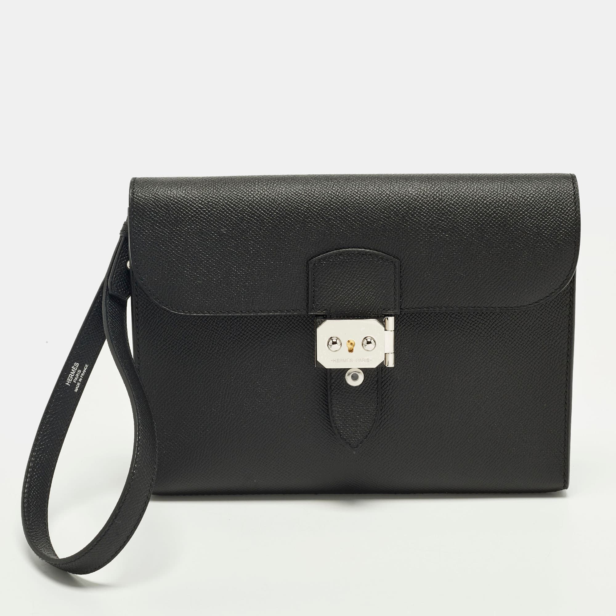 Hermes Sac a Depeches 24 Noir Epsom Leather Pouch