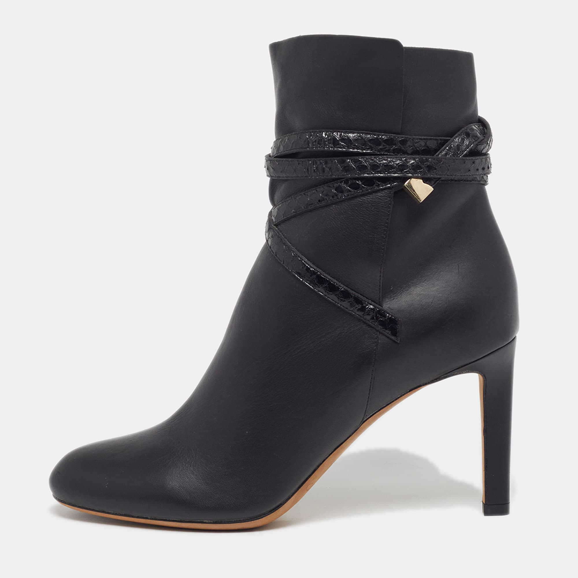 Jimmy Choo Size 38.5 Black Leather Python and Leather Ankle Length Boots