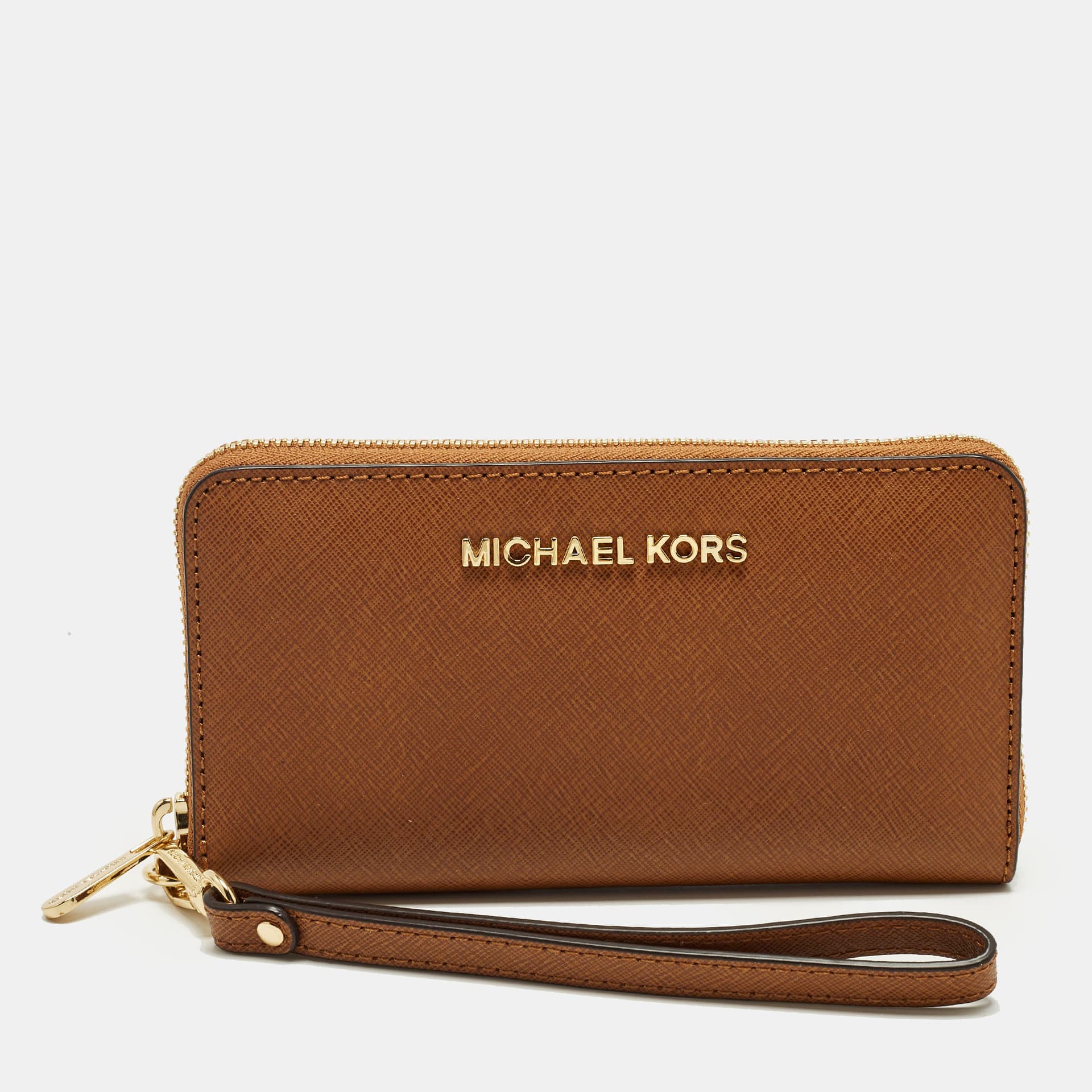Michael Kors Jet Set Multifunction Phone Wristlet Brown Leather Wallet