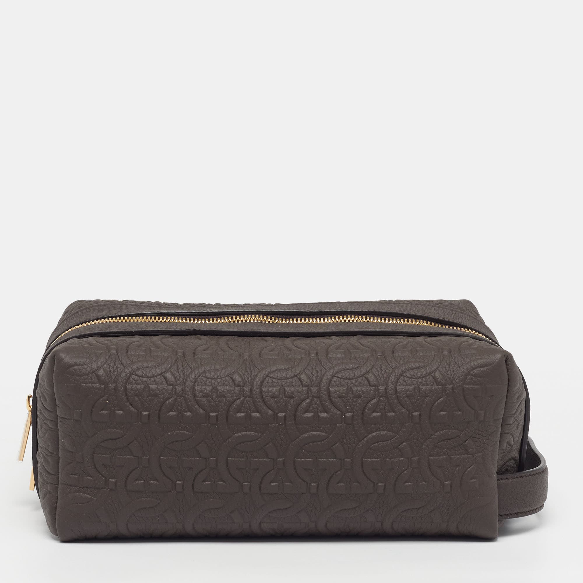Salvatore Ferragamo Dopp Kit Dark Brown Monogram Embossed Leather Pouch