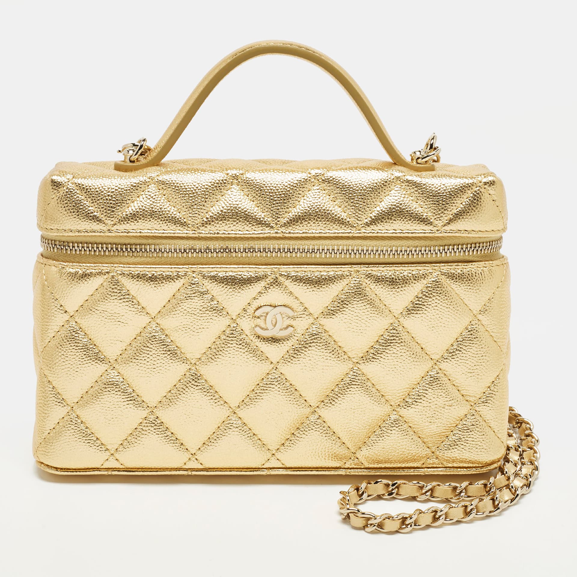 Chanel Vanity Case Slim Gold Quilted Caviar Leather Shoulder Bag