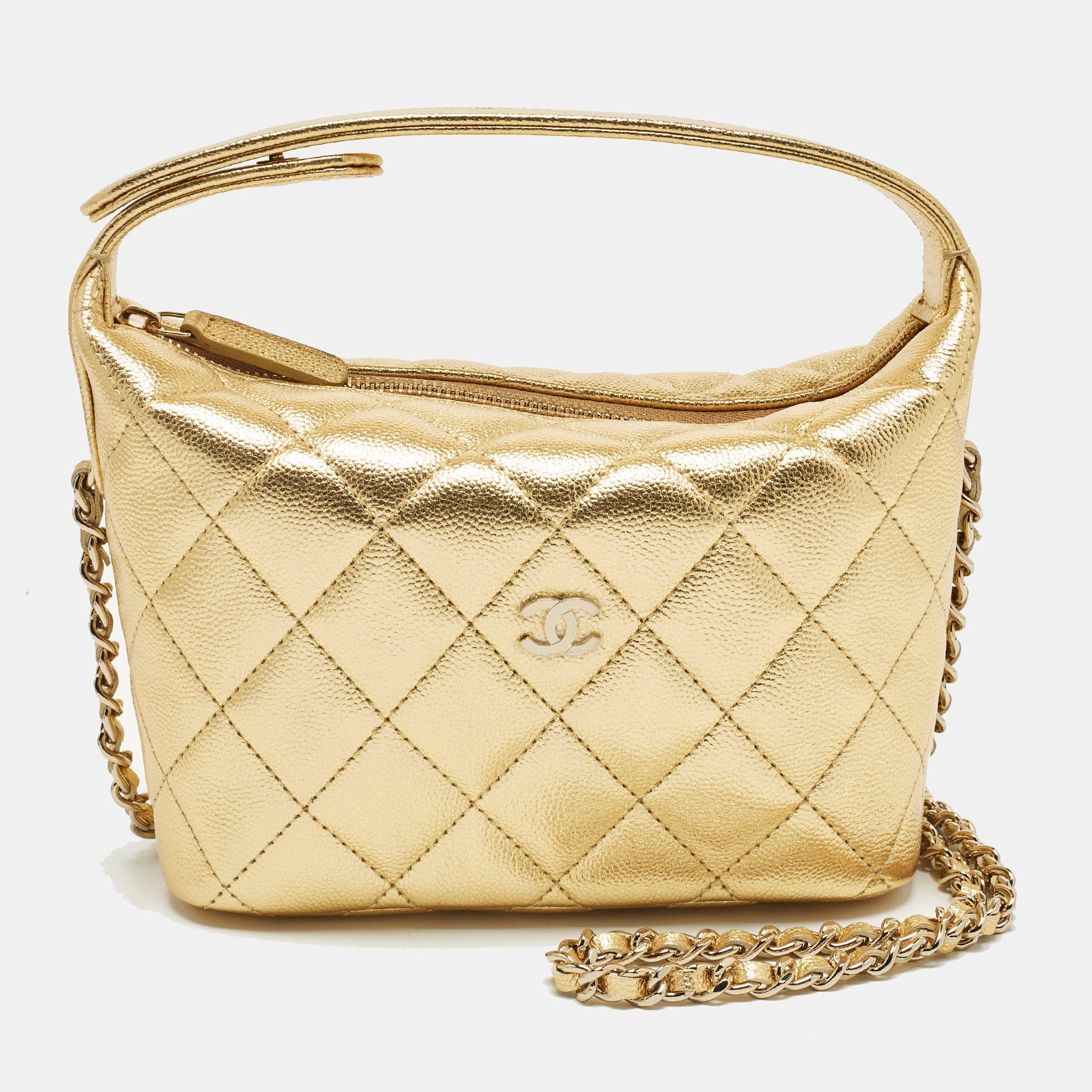 Chanel CC Gold Quilted Caviar Leather Hobo