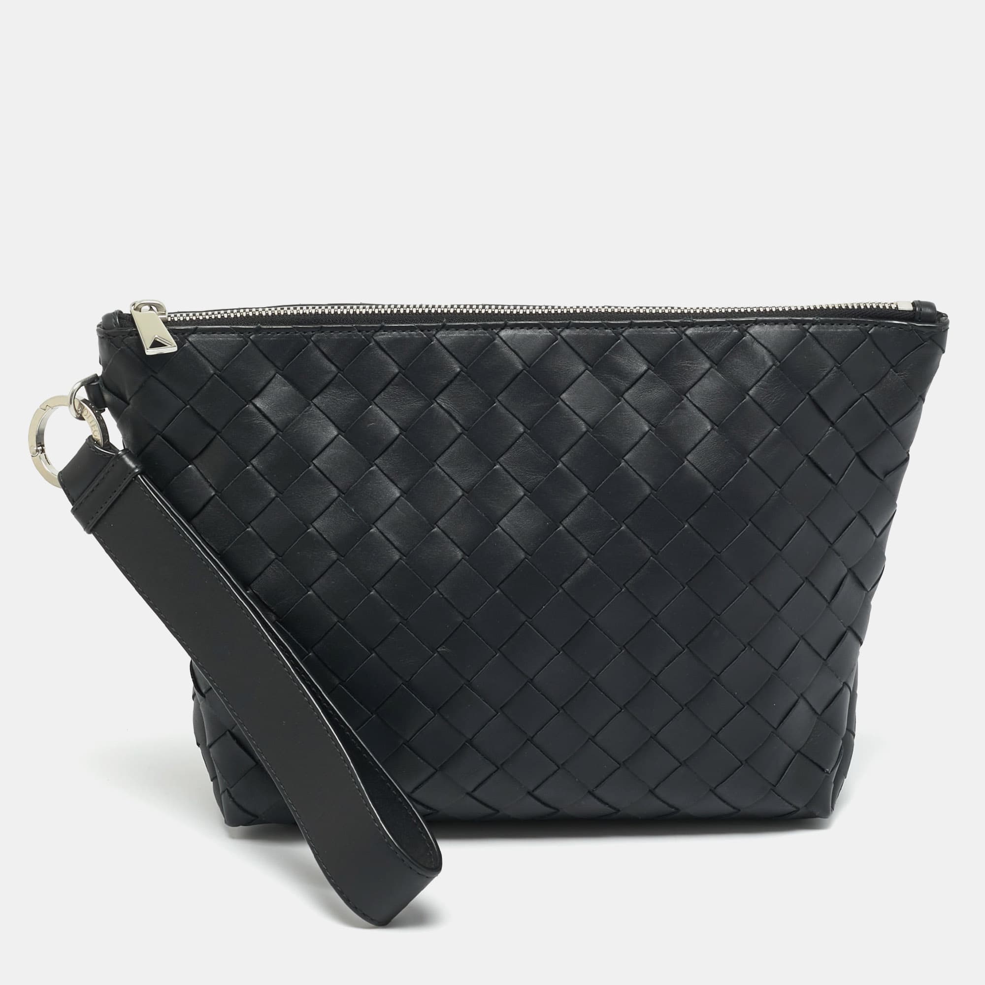 Bottega Veneta Black Intrecciato Leather Wristlet Pouch