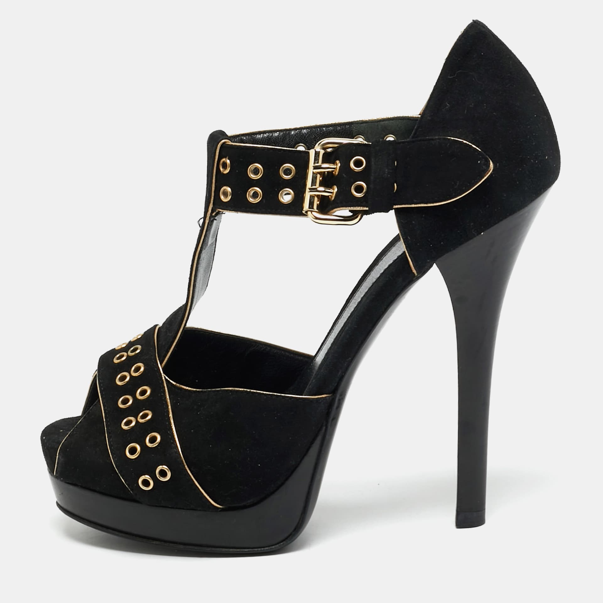 Fendi Size 37.5 Black Suede  T-Bar Ankle-Strap Platform Strap Sandals