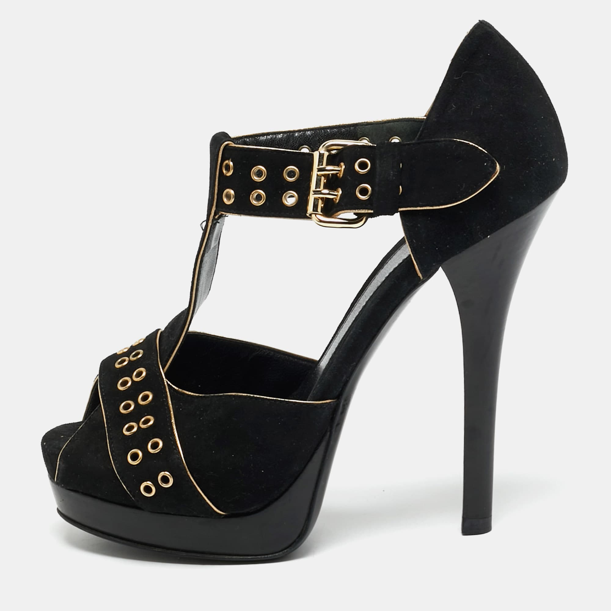 Fendi Size 37.5 Black Suede  T-Bar Ankle-Strap Platform Strap Sandals