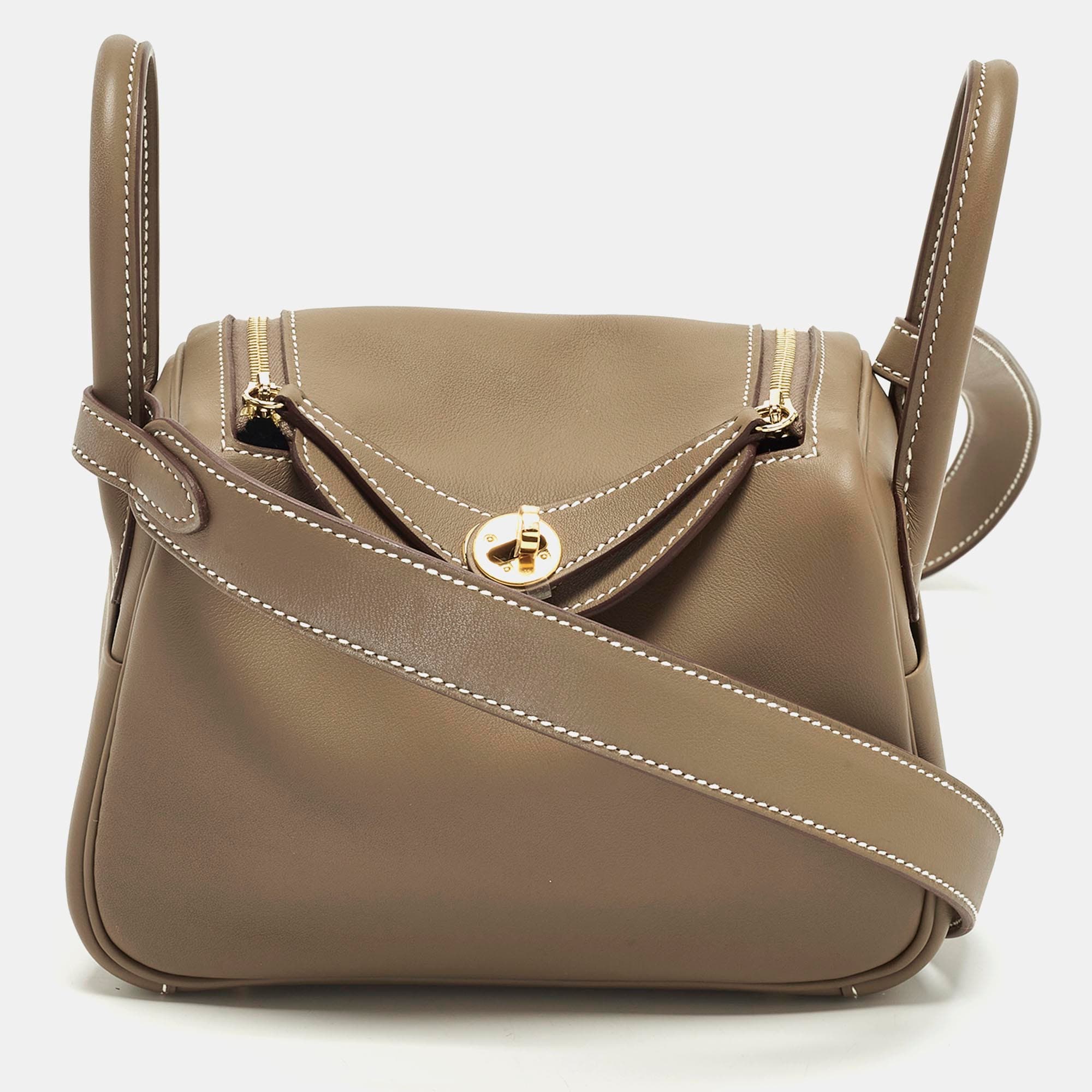 Herm&egrave;s Lindy Mini Gold Finish Etoupe Swift Leather Shoulder Bag