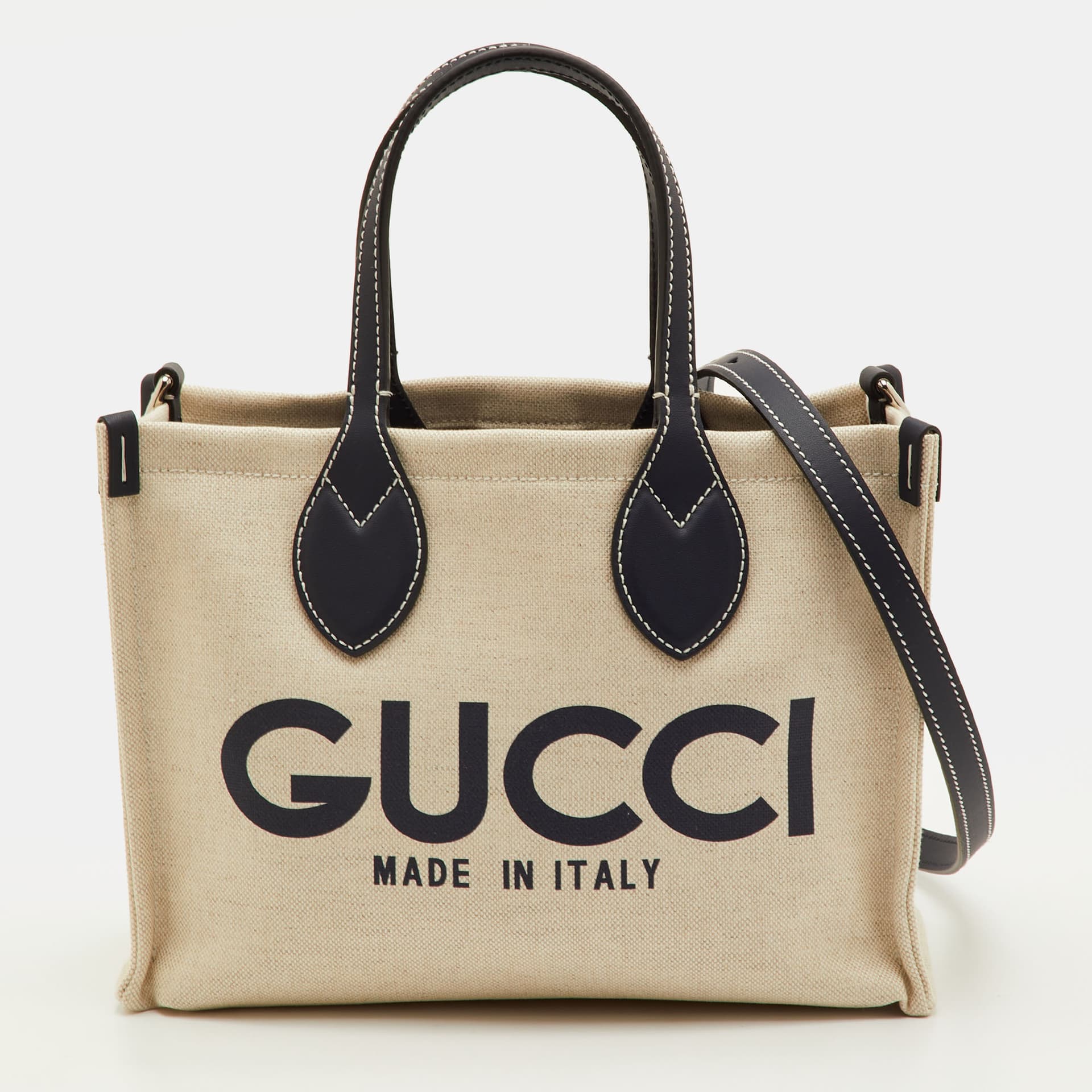 Gucci Logo Print Beige/Navy Blue Canvas and Leather Limited Edition Tote