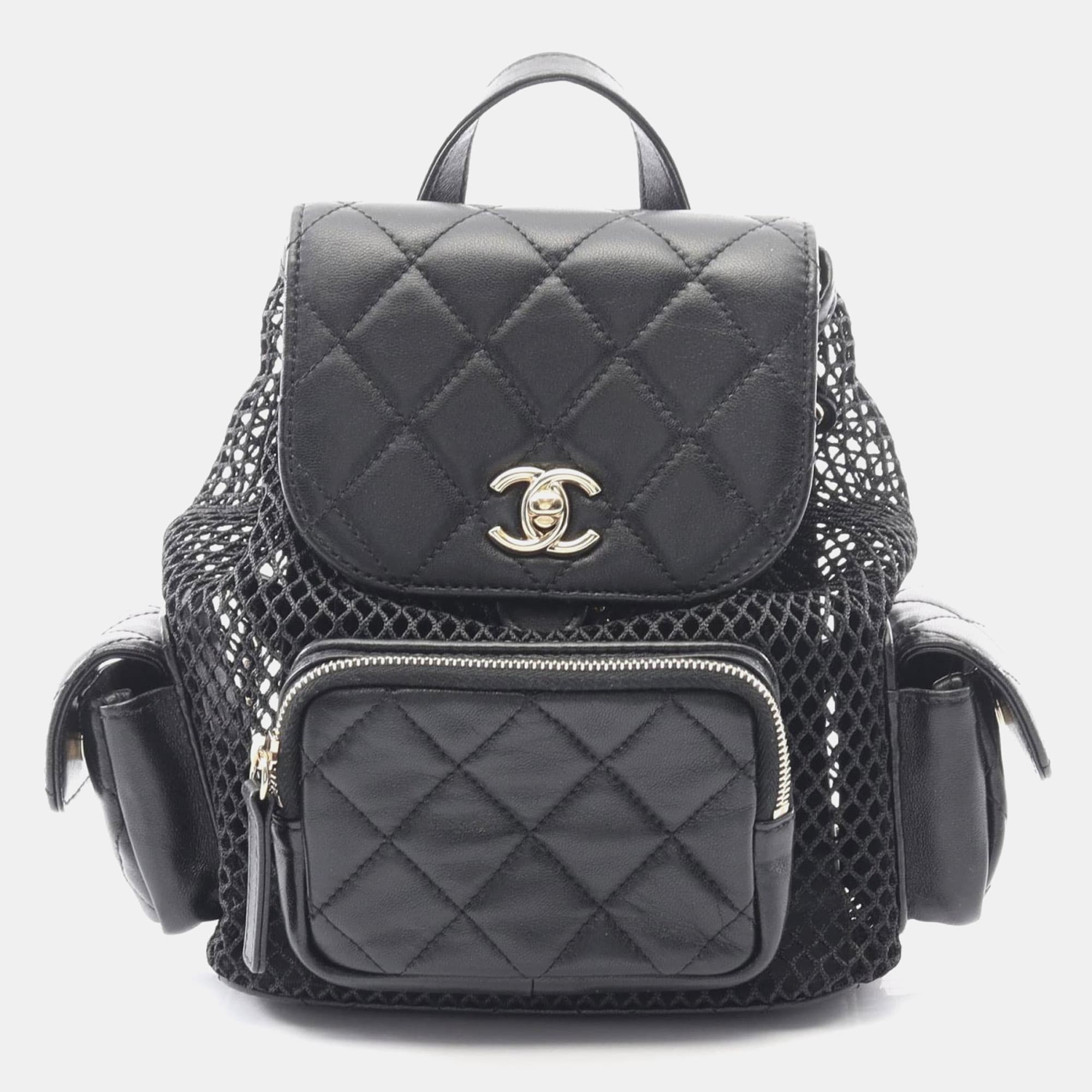 Chanel Matelasse Backpack Bag In Lambskin Leather Black
