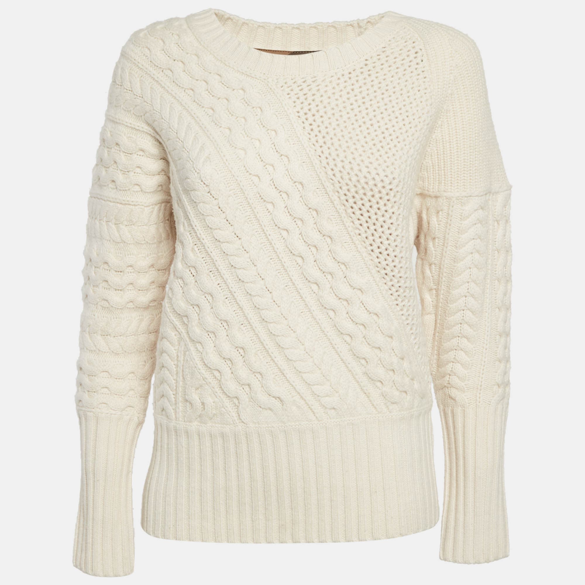Burberry Cream Wool Blend Cable Knit Sweater S