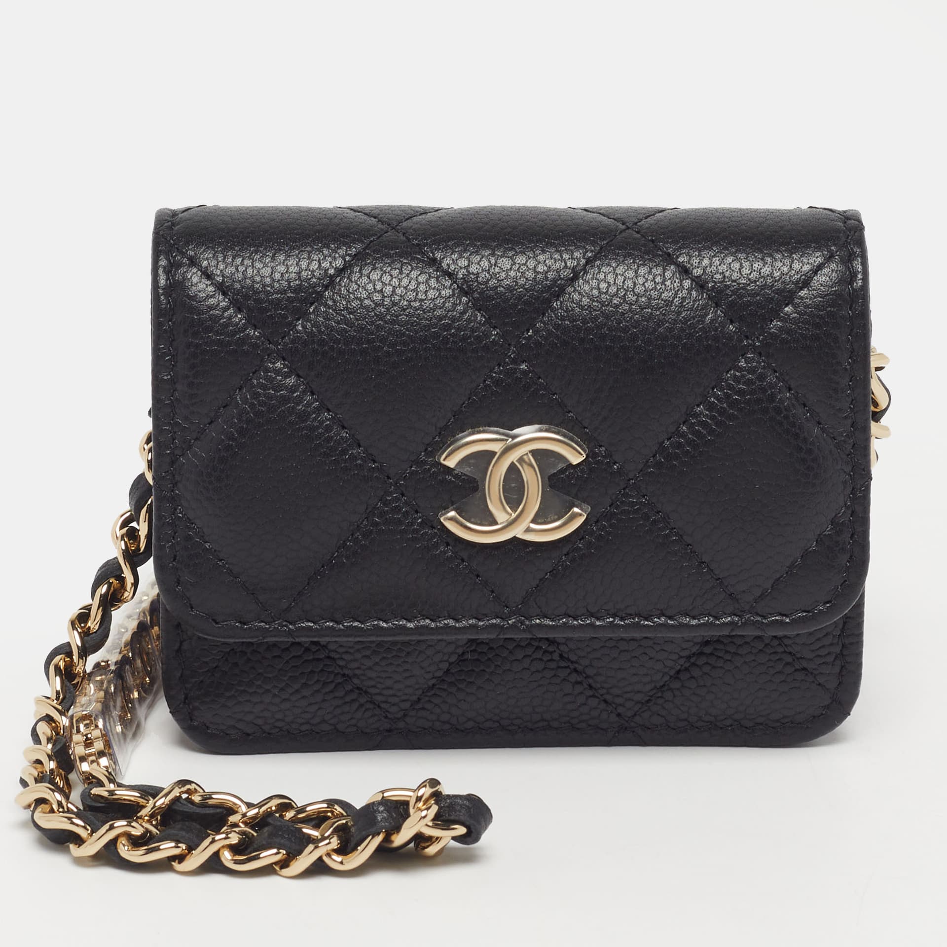 Chanel CC Black Quilted Caviar Leather Wallet On Chain
