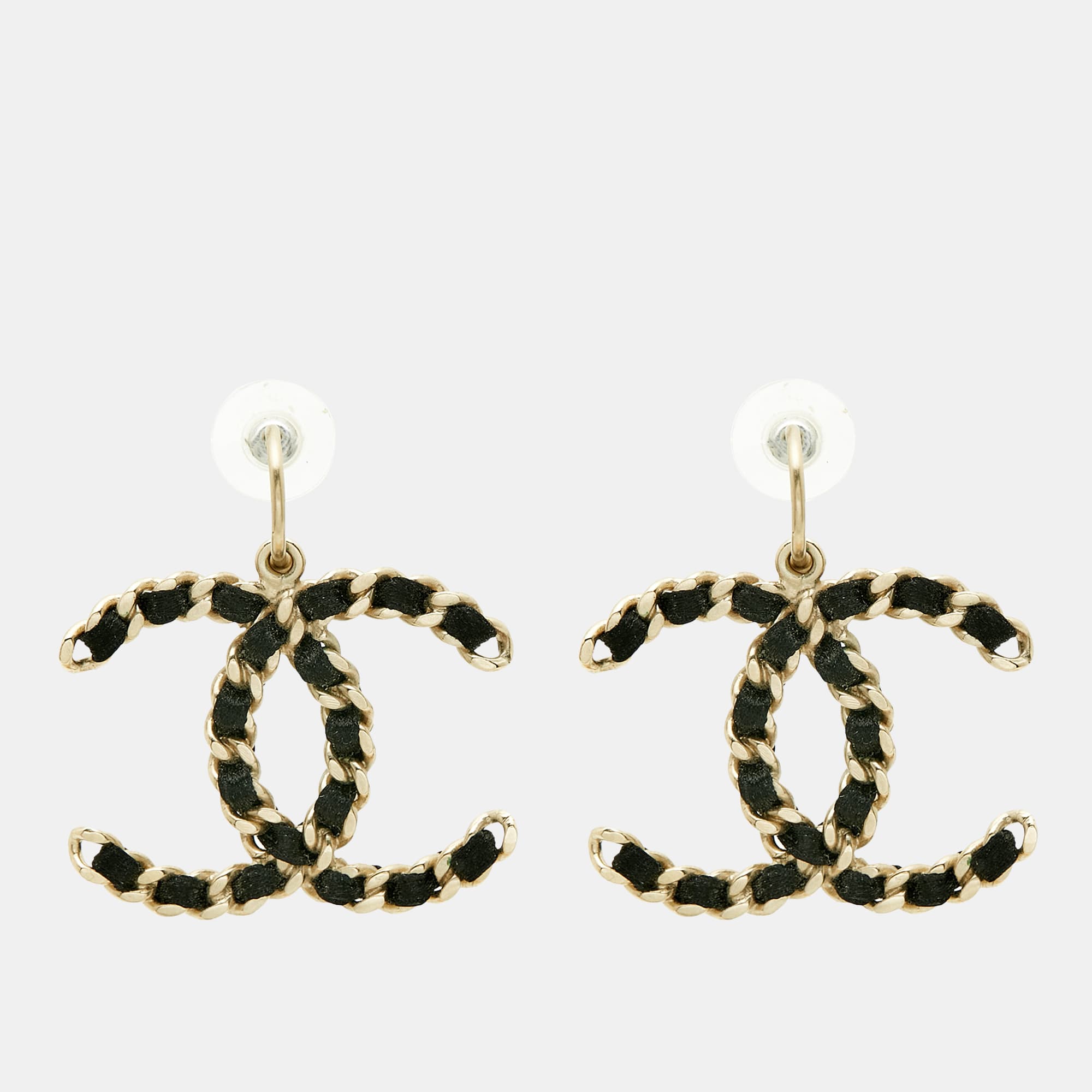Chanel Chain Black Fabric Gold Tone Hook Earrings