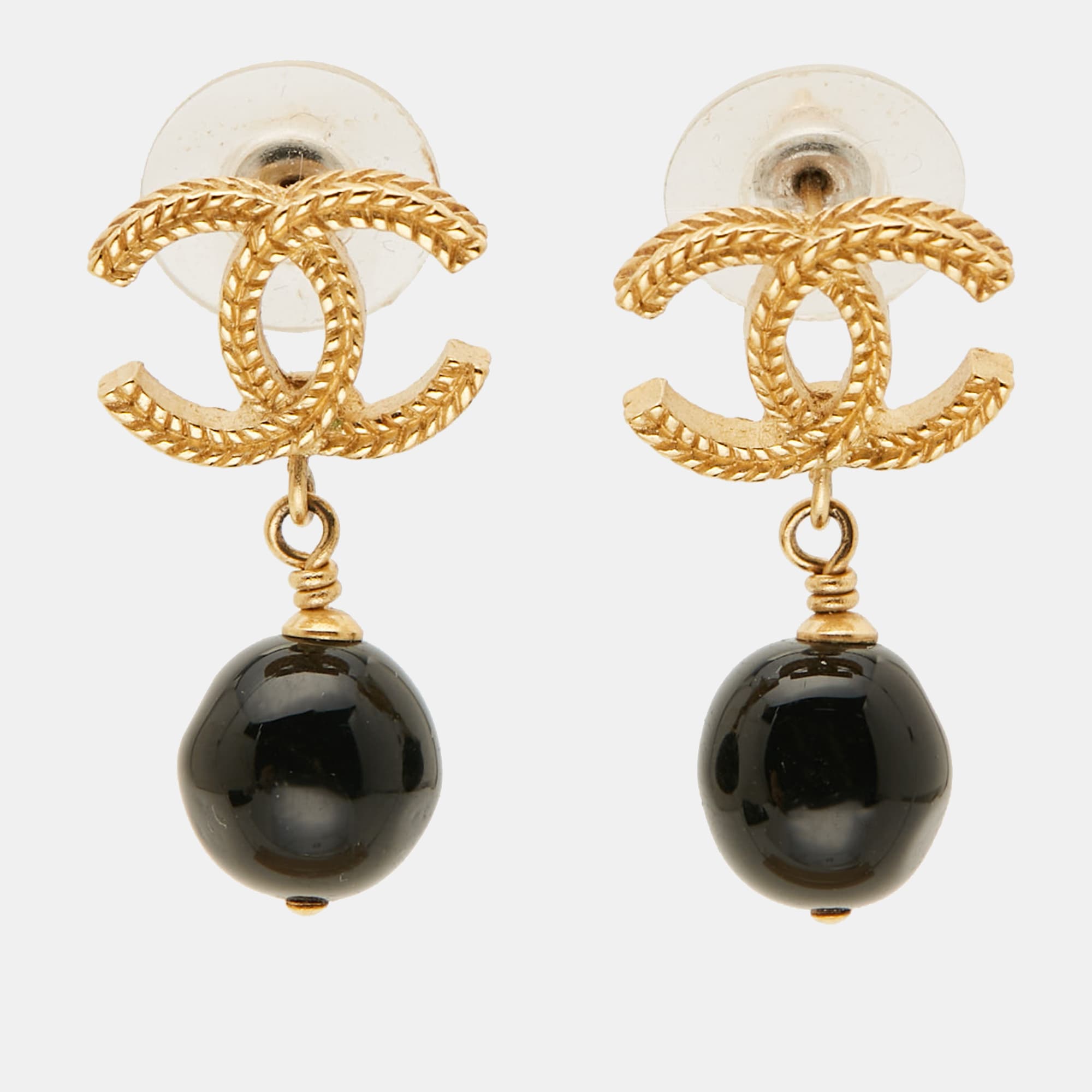 Chanel CC Bead Gold Tone Drop Earrings