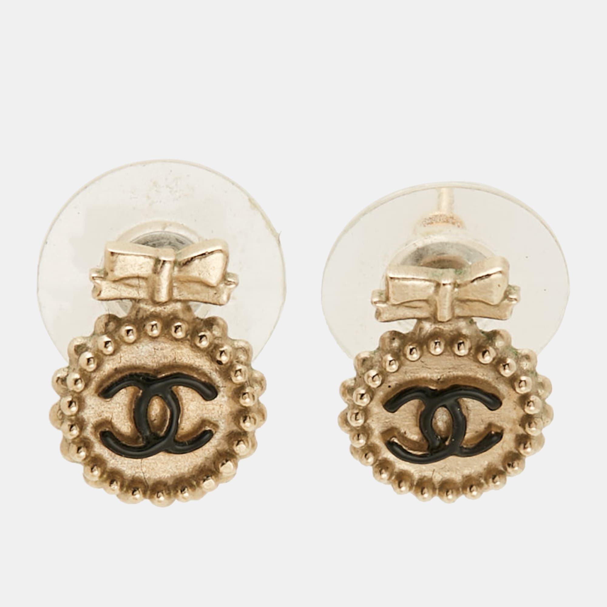 Chanel CC Round Bow Enamel Gold Tone Earrings