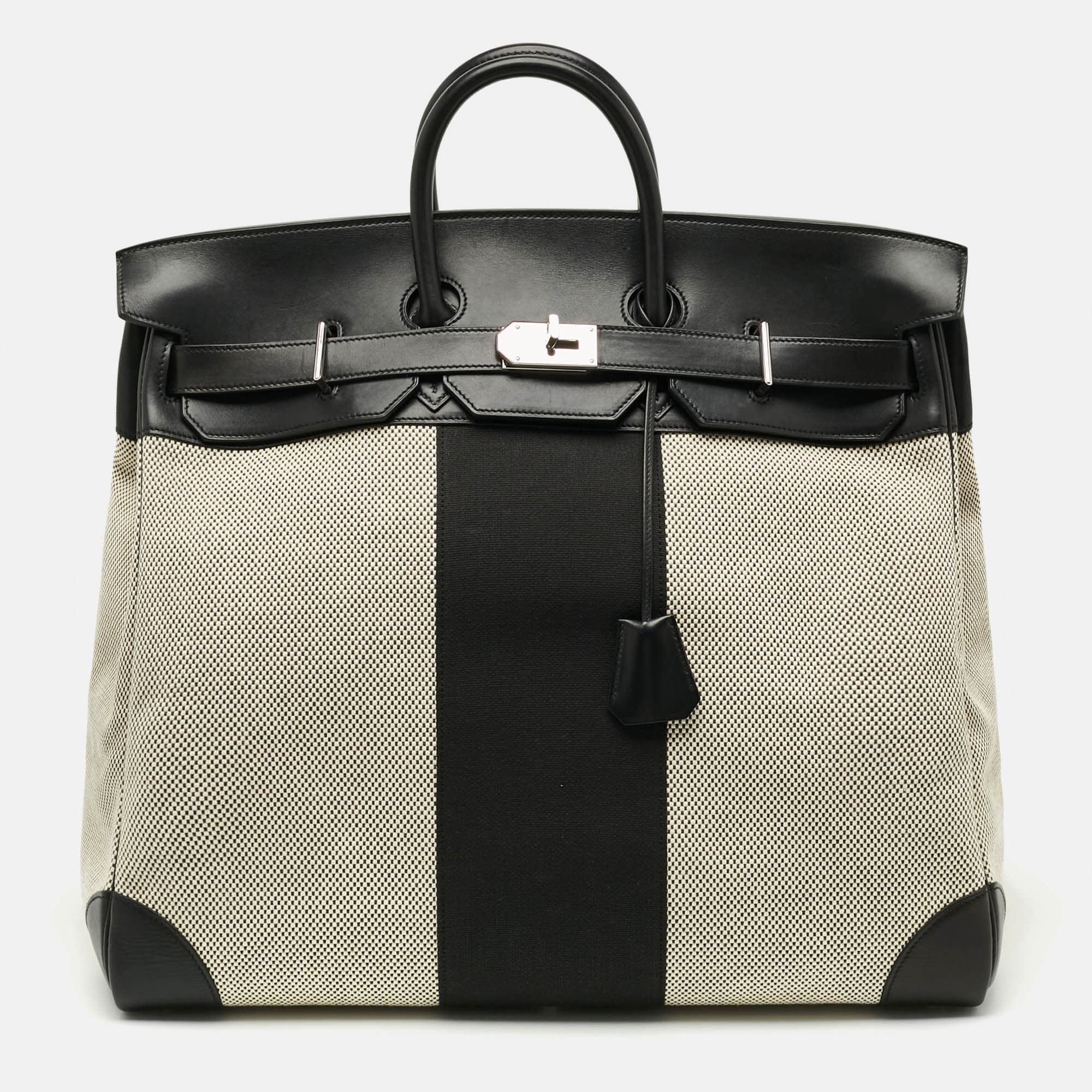 Hermes Birkin HAC Flag 50 Palladium Finish Noir/Ecru Evercalf Leather and Toile Tote