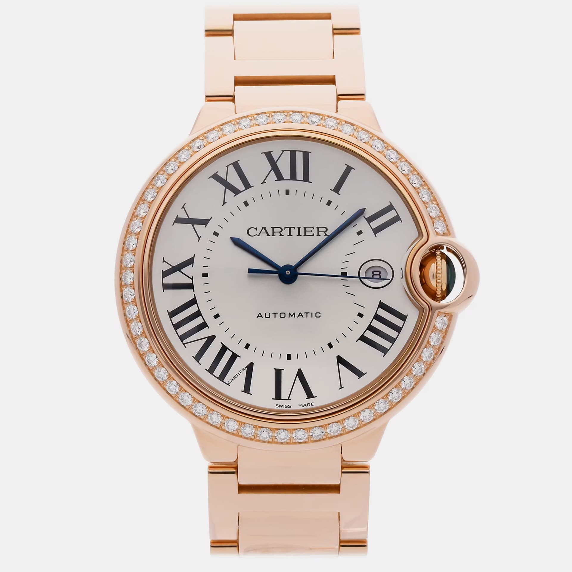 Cartier Ballon Bleu WJBB0038 White 18K Rose Gold Diamond Automatic Men's Wristwatch 42mm