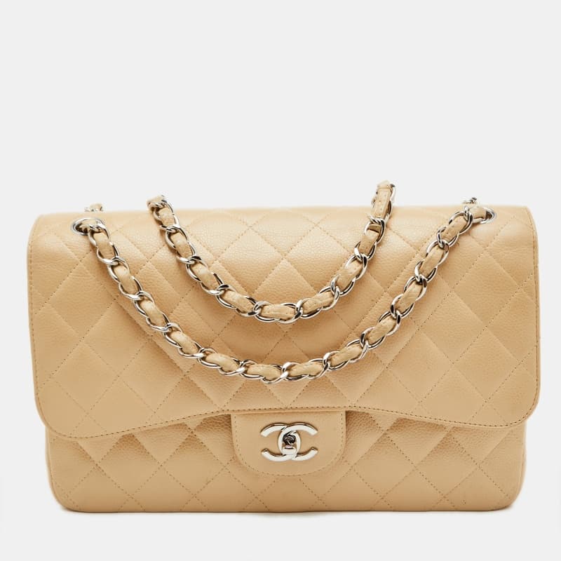 Chanel Classic Double Flap Jumbo Beige Quilted Caviar Leather Shoulder Bag
