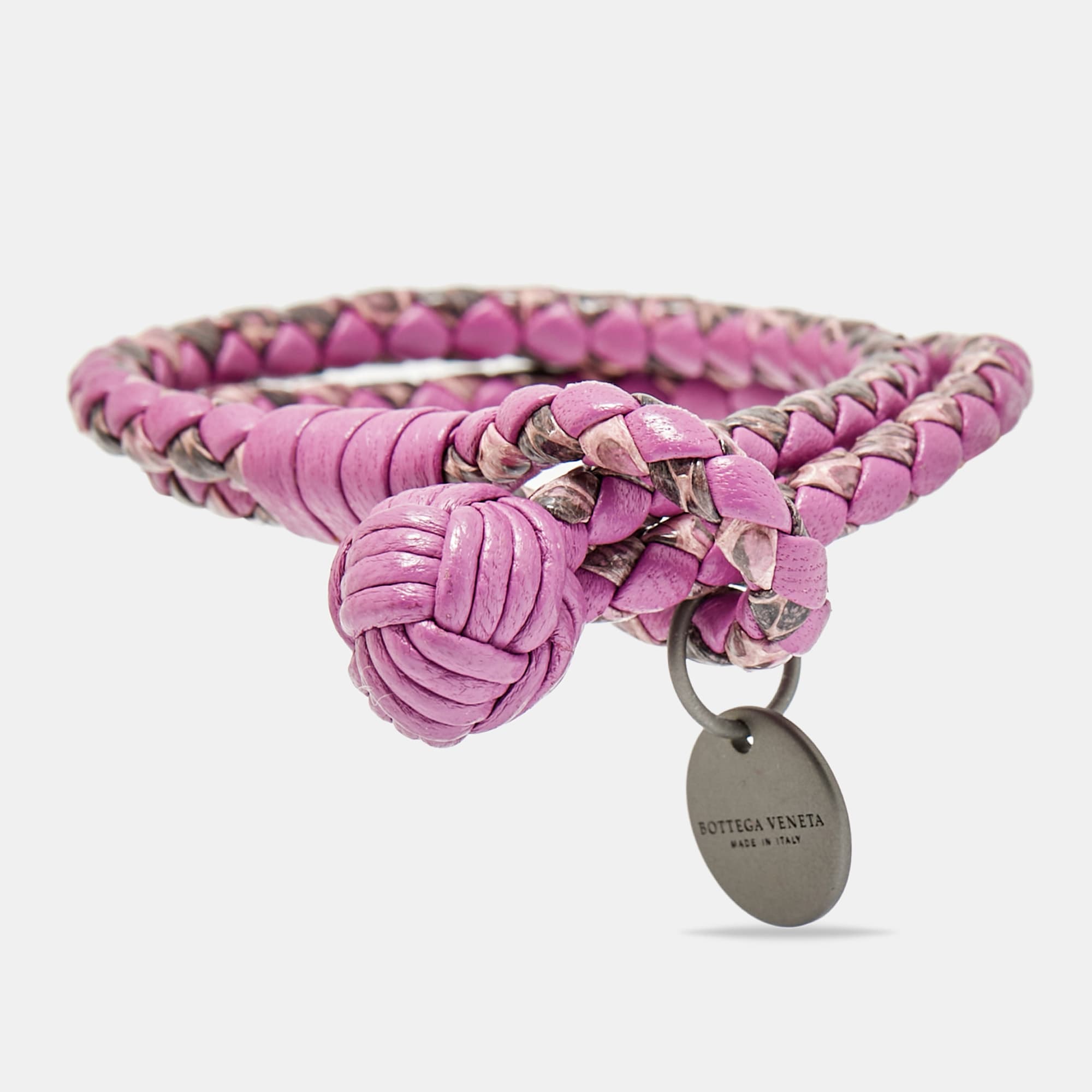 Bottega Veneta Intrecciato Purple Double Knot Leather Gunmetal Tone Bracelet