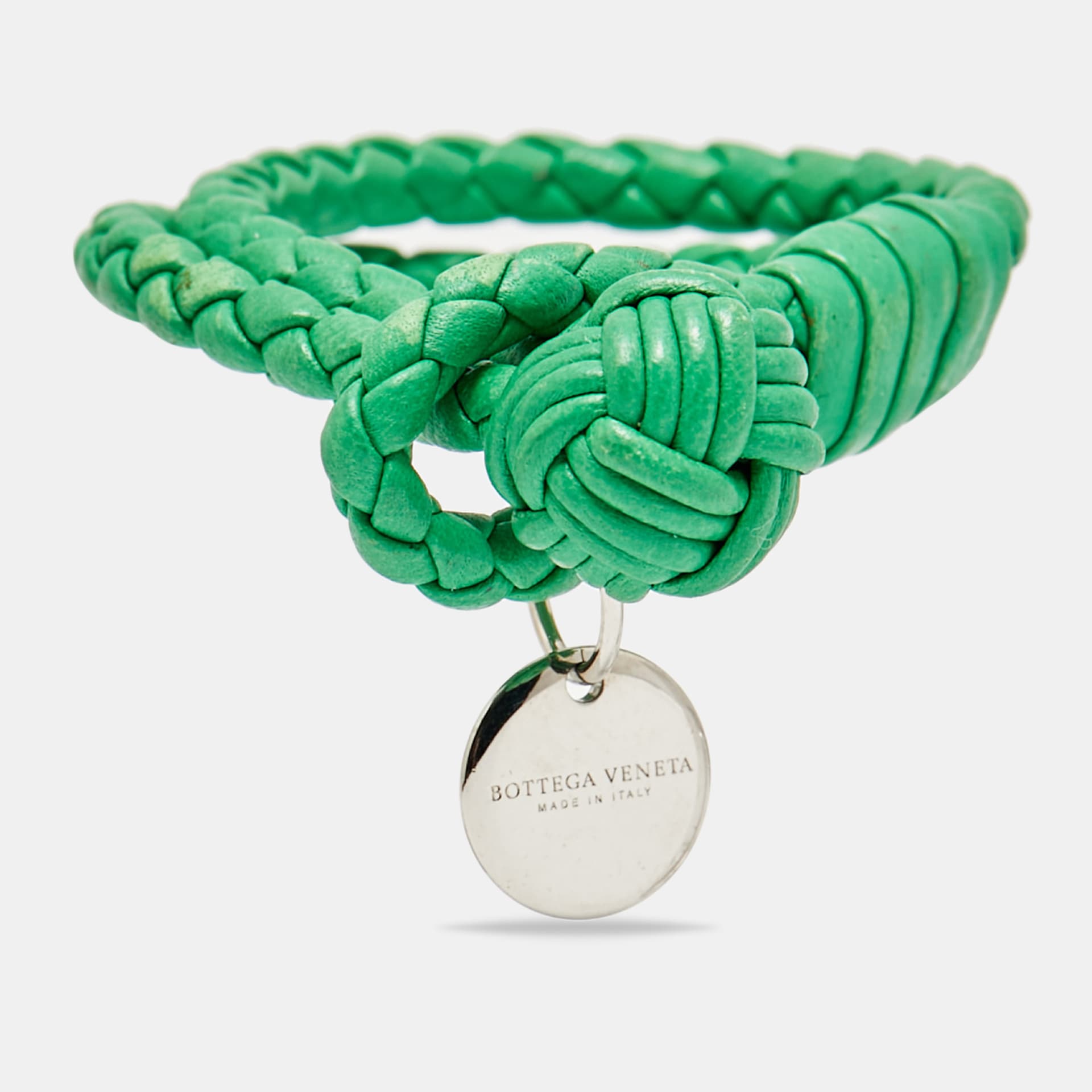 Bottega Veneta Intrecciato Green Double Knot Leather SIlver Tone Bracelet