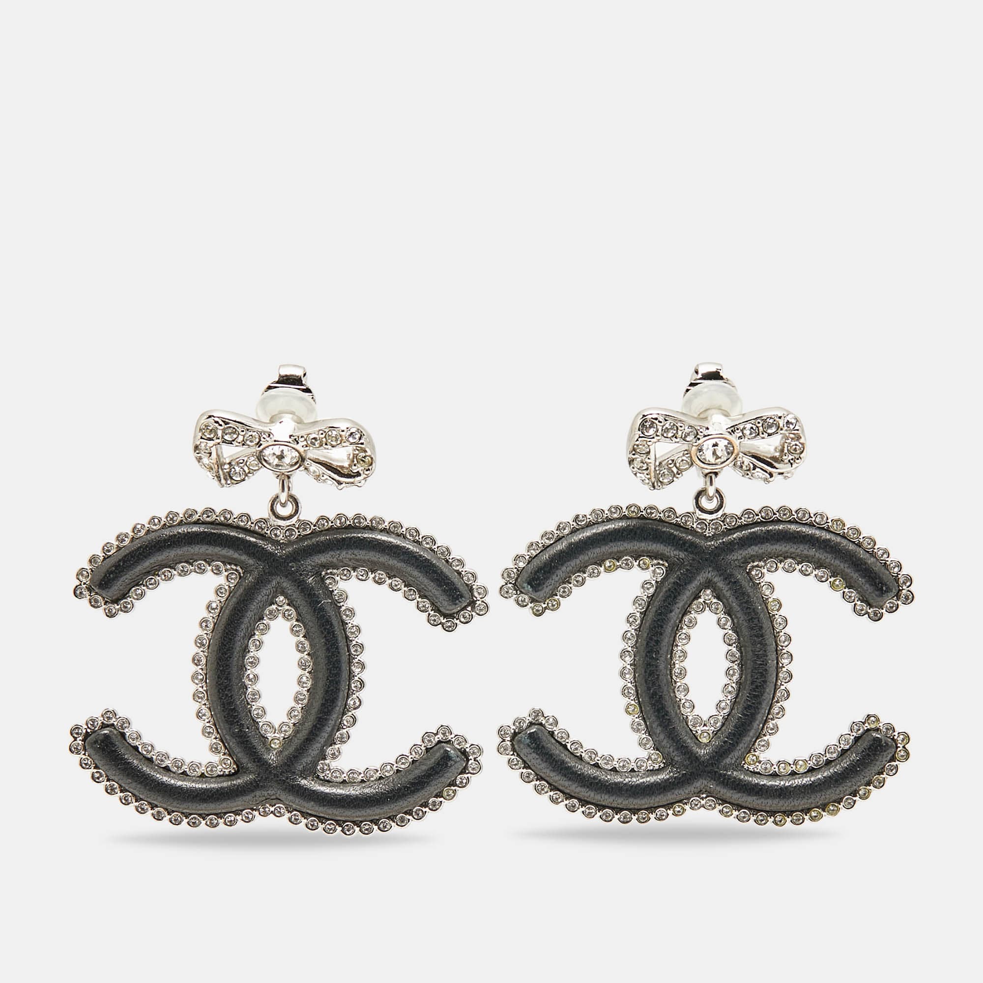Chanel CC Black Leather Crystals Silver Tone Dangle Earrings