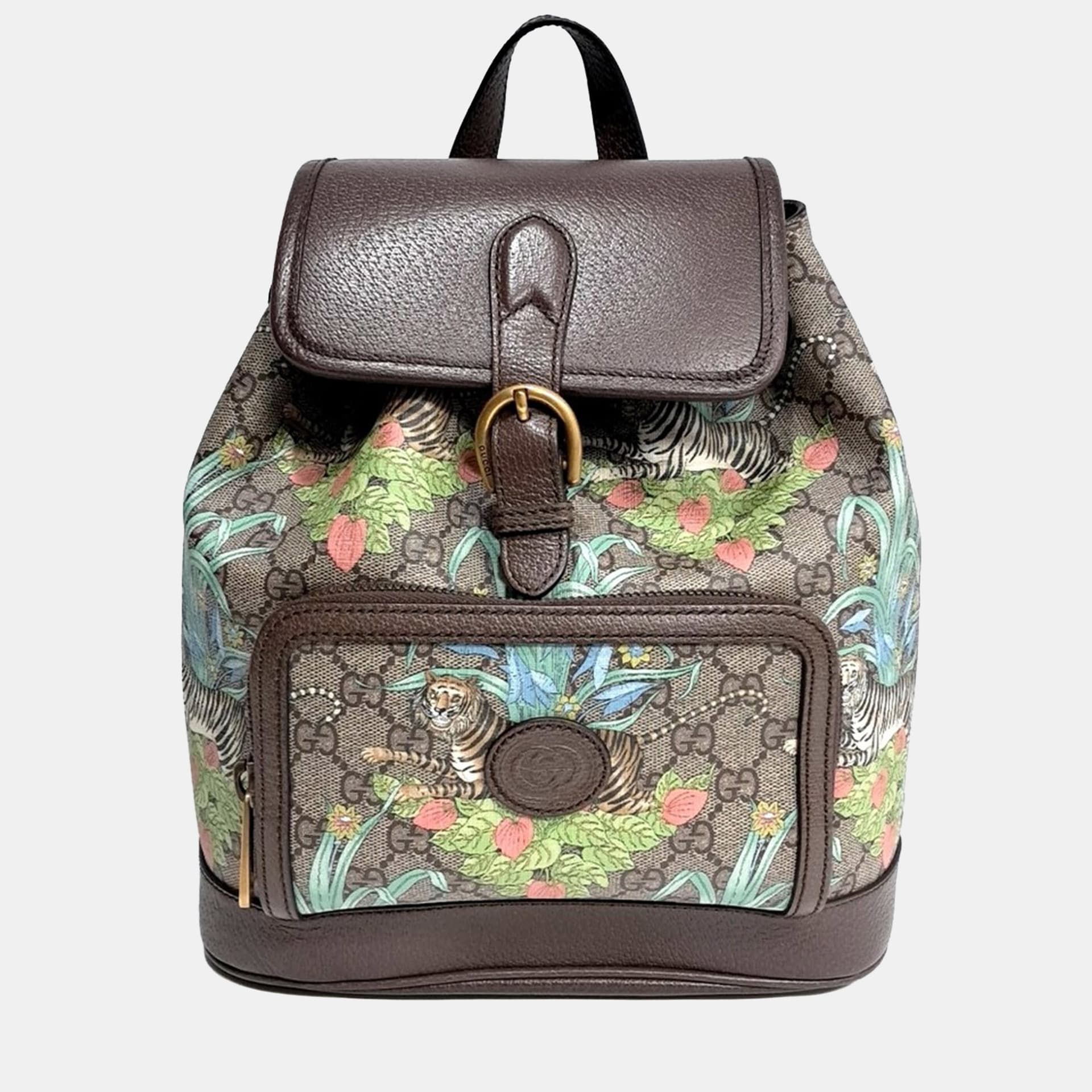 Gucci Tiger Interlocking Brown Mini GG Coated Canvas Leather Backpack Bag