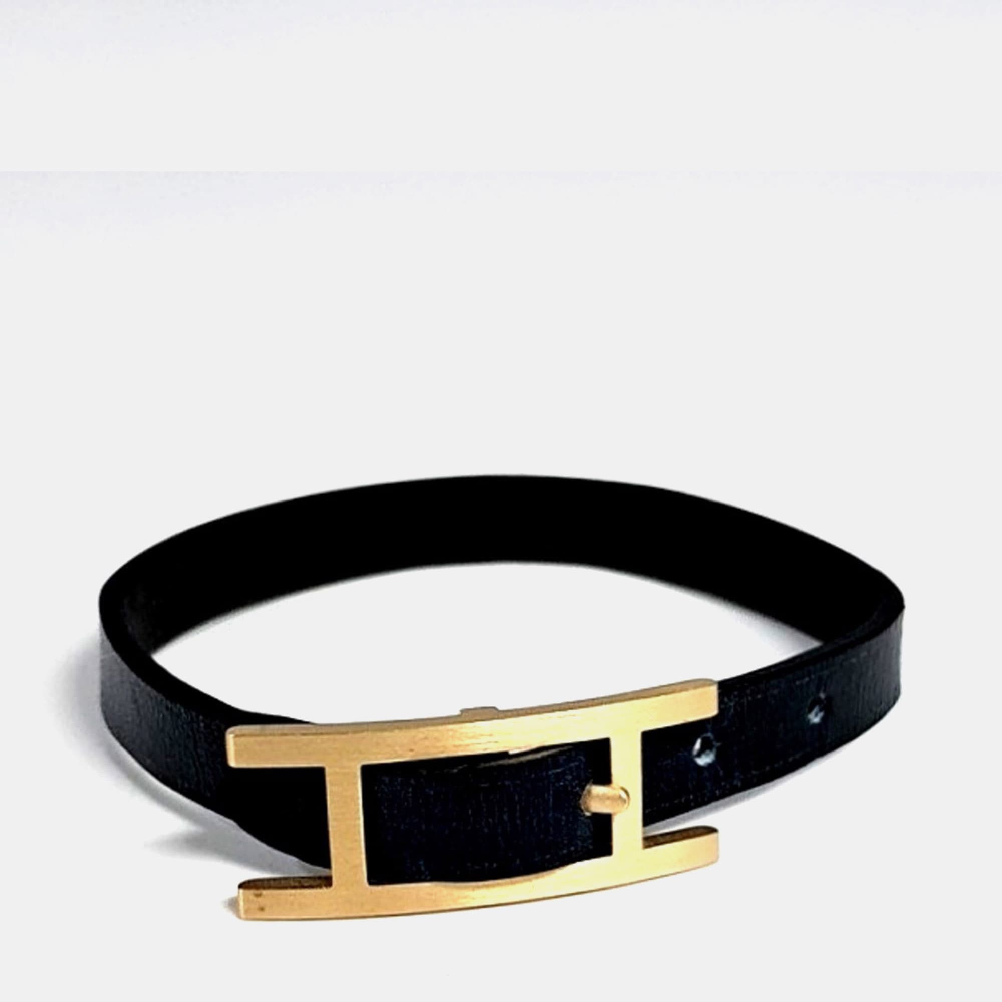 Hermes Behapi Double Tour Black Leather Strap Bracelet GHW