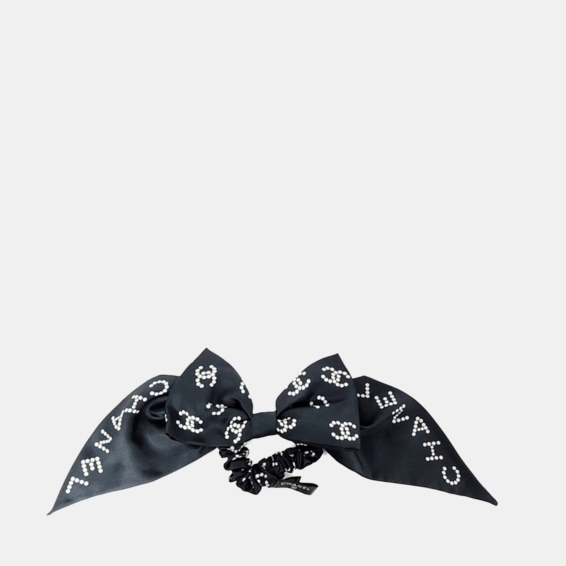 Chanel Navy Blue/White Silk Bow Hair Scrunchie
