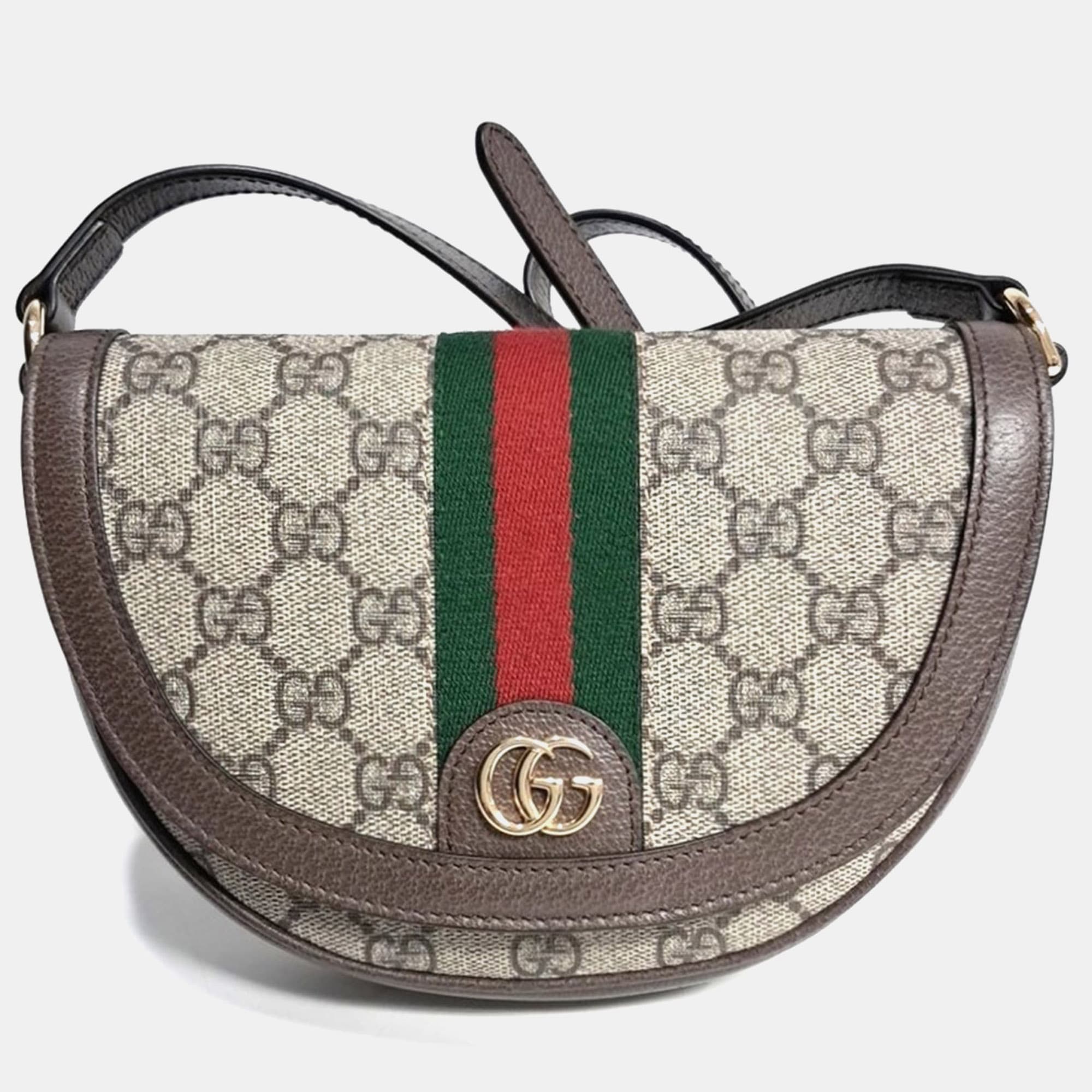 Gucci Beige Brown Leather and PVC Ophidia Mini GG Shoulder Bag