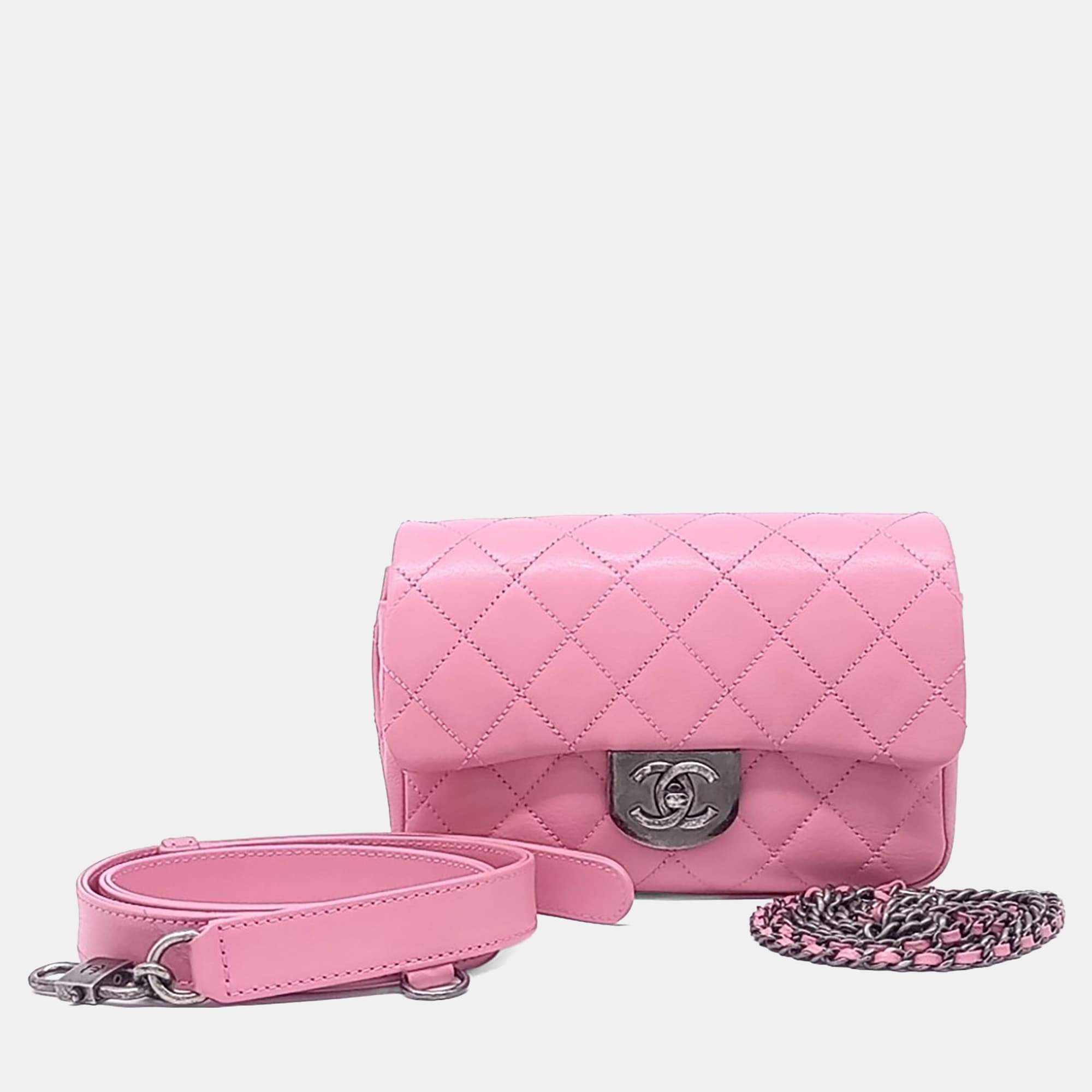 Chanel Pink Leather Double Carry Waist Flap Bag