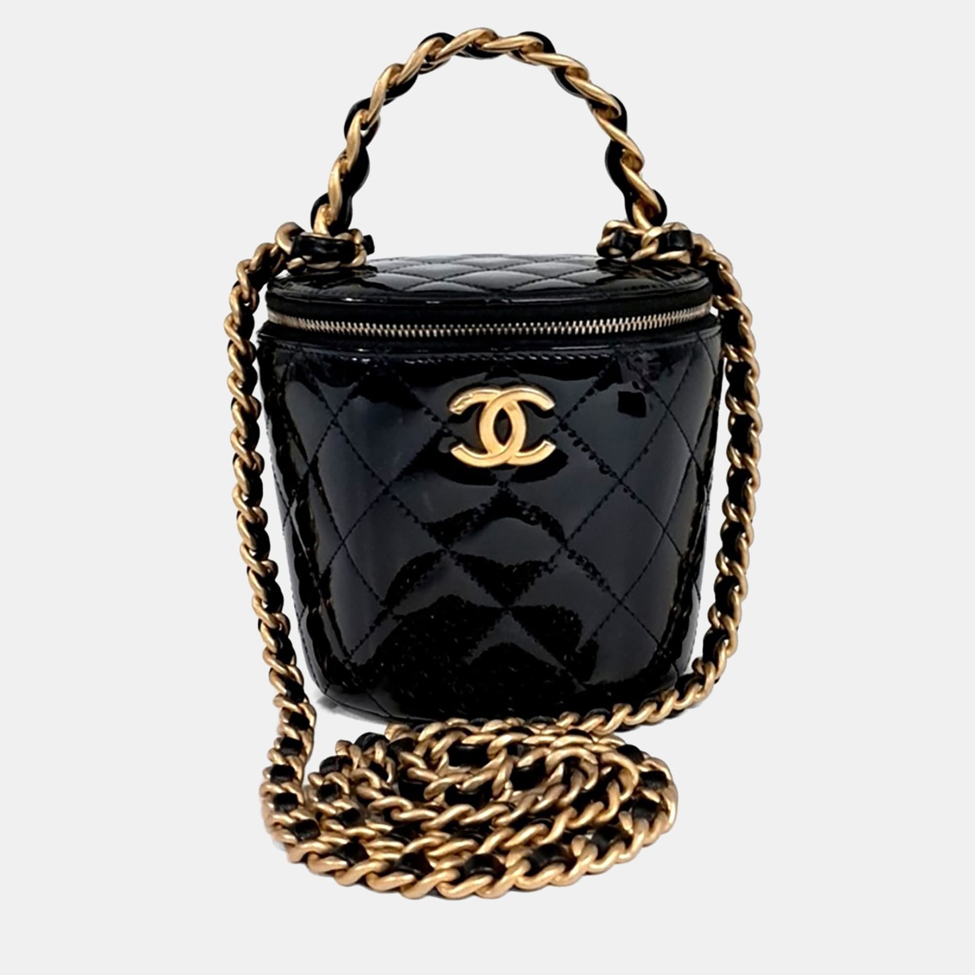 Chanel Black Patent Leather Patent Cosmetic Case Top Handle Crossbody Bag