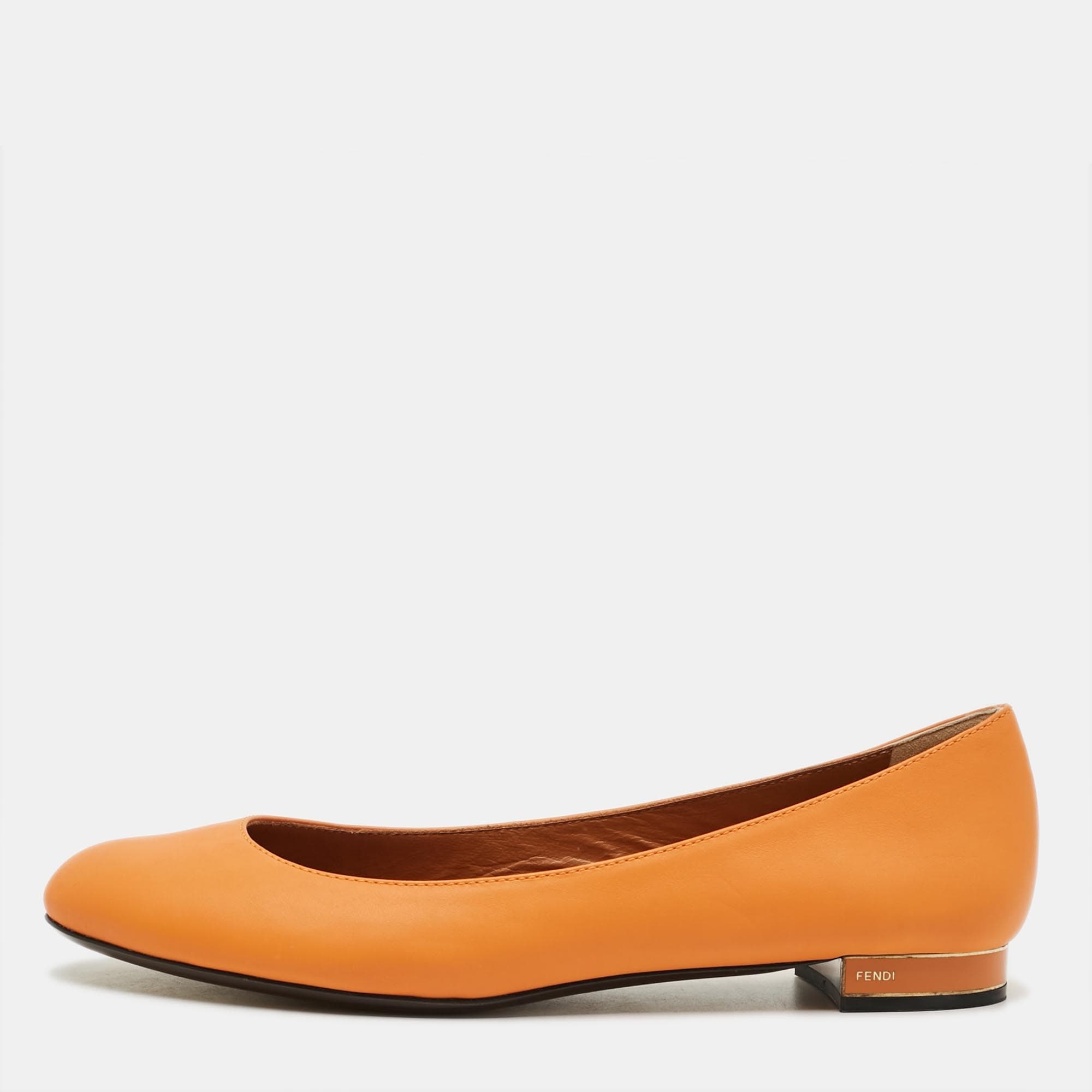 Fendi Size 40 Orange Leather Ballet Flats