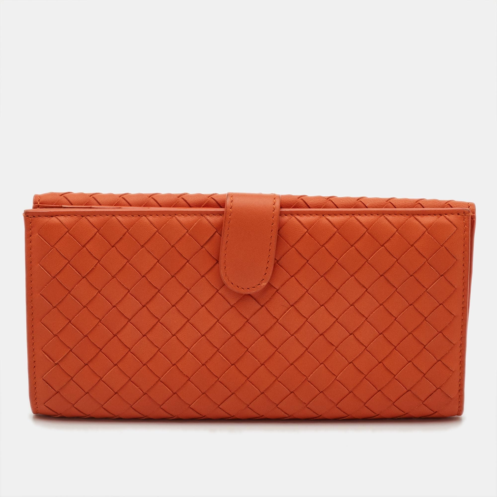 Bottega Veneta Intrecciato Orange Leather Flap Continental Wallet