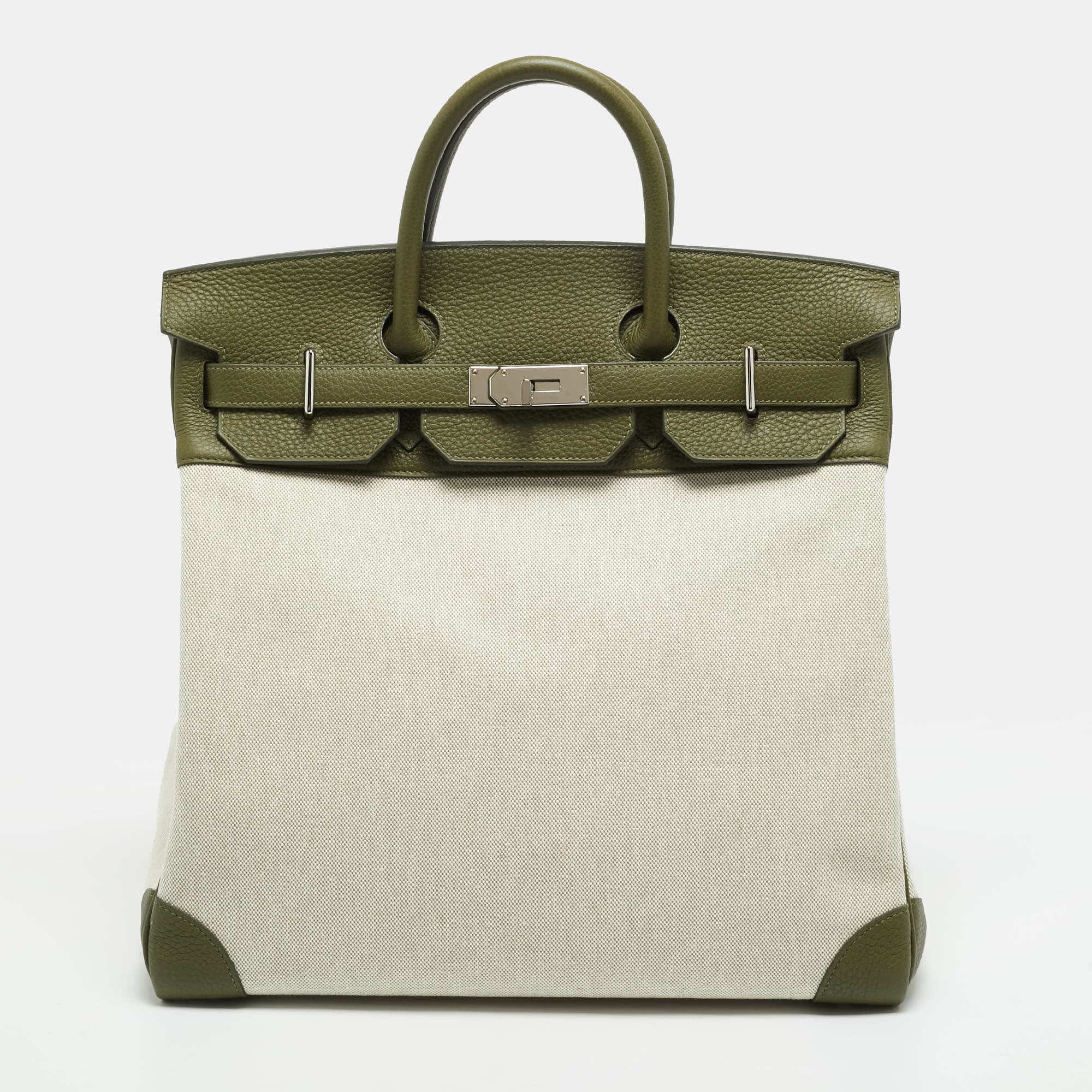Hermes Birkin HAC 40 Palladium Finish Vert Veronese/Ecru Togo Leather and Toile Tote