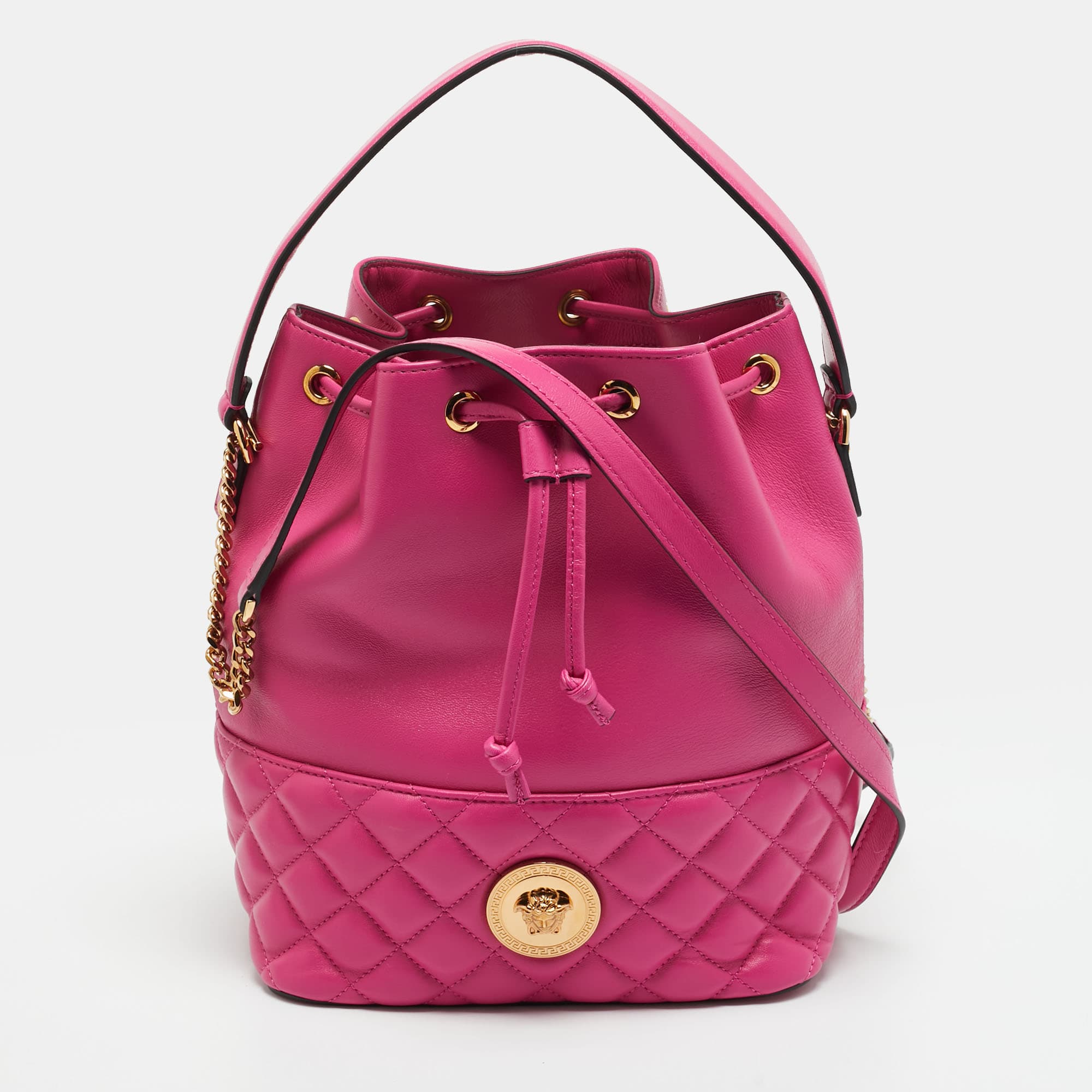 Versace La Medusa Pink Leather Drawstring Bucket Bag