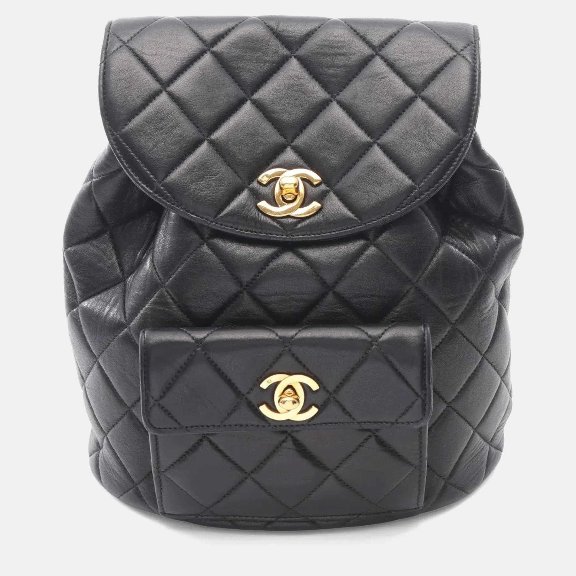 Chanel Matelasse Backpack Bag In Lambskin Leather Black