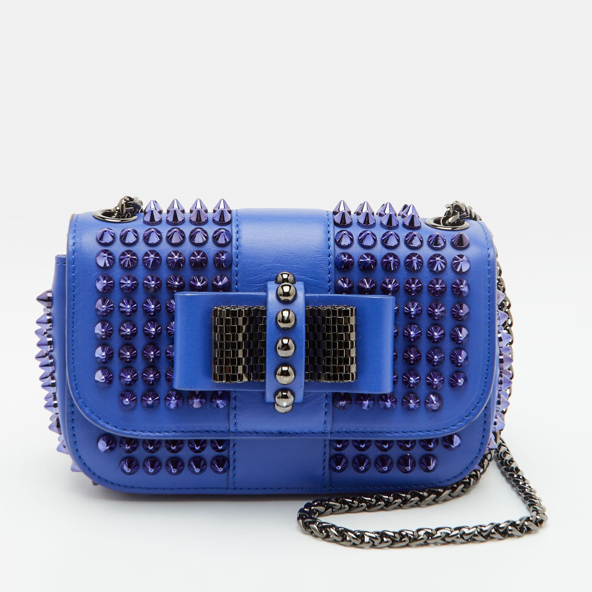 Christian Louboutin Sweet Charity Mini Spiked Blue Leather Chain Crossbody Bag