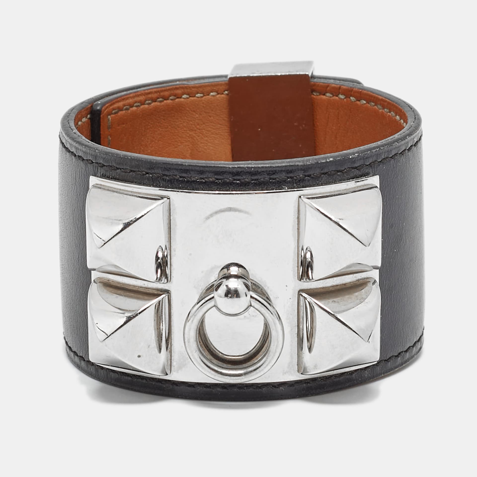 Herm&egrave;s Collier De Chien Black Leather Palladium Plated Bracelet L