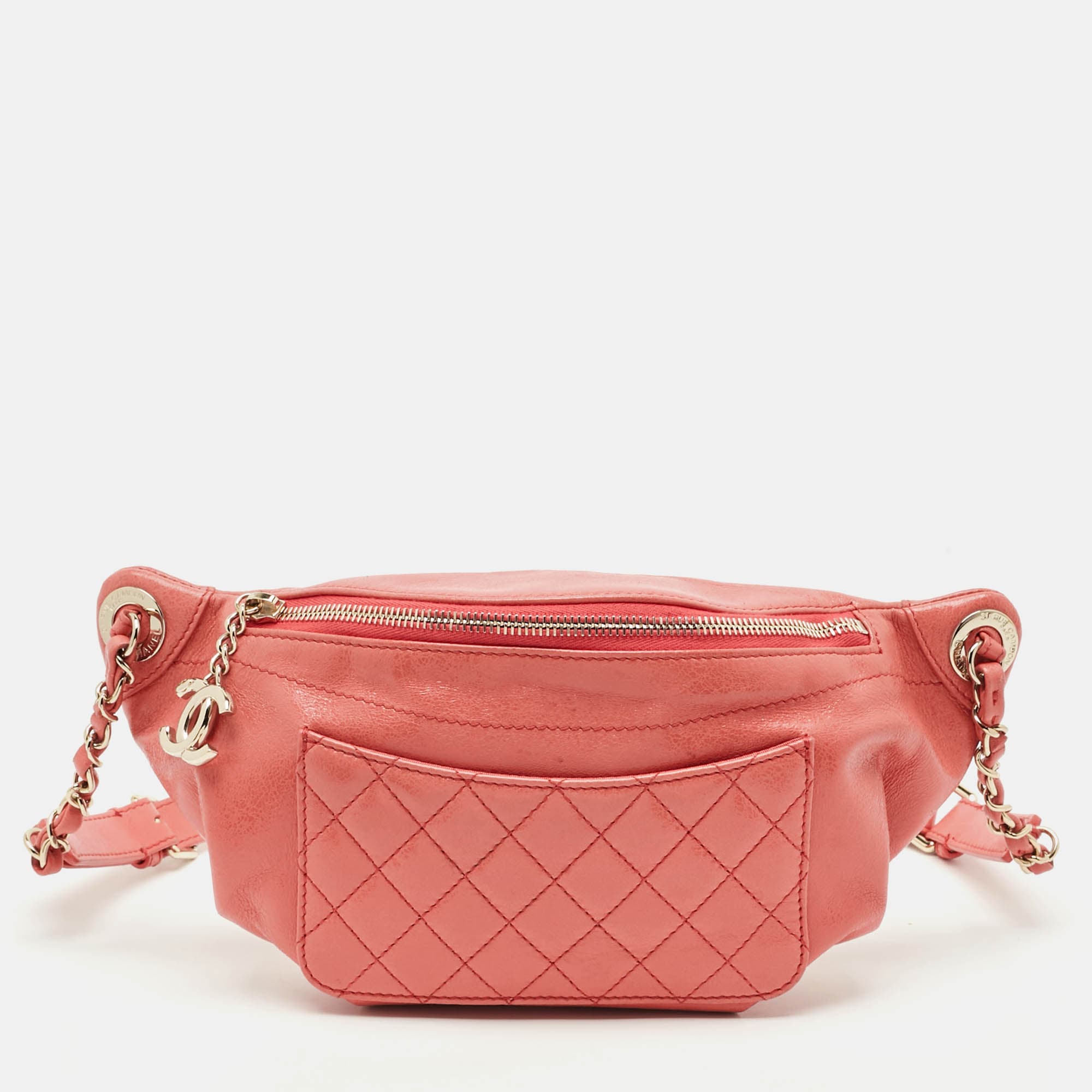 Chanel CC Coral Orange Quilted Glossy Leather Belt Bag