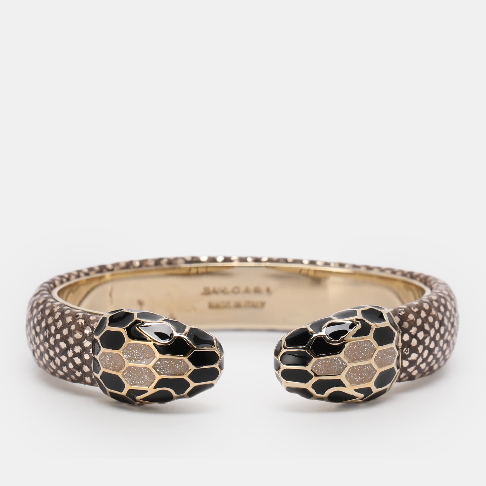 Bvlgari Serpenti Forever Gold Tone Metal and Karung Leather Bangle Bracelet 14.5 cm