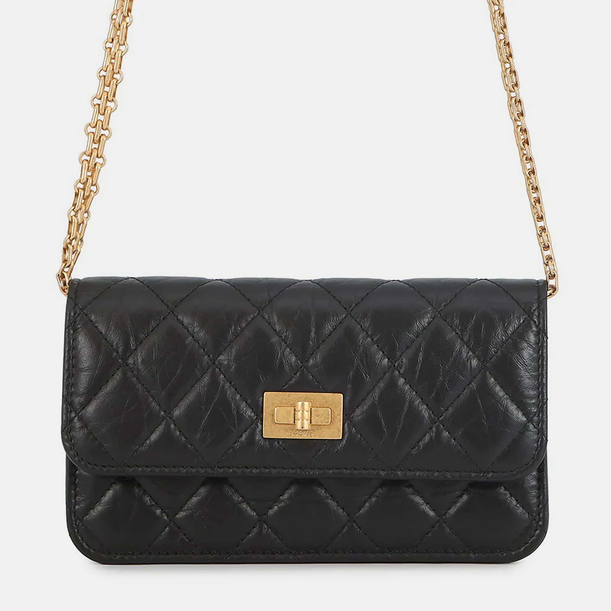 Chanel Matelasse 2.55 Chain Wallet Black Aged Calf Leather