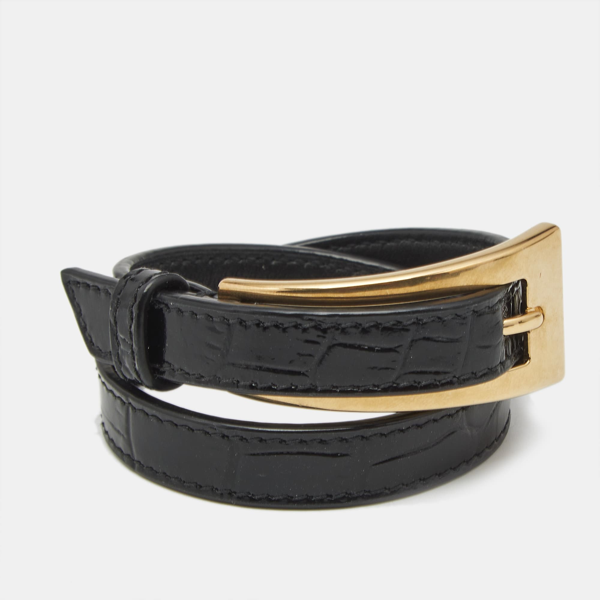 Saint Laurent Leather Gold Tone Buckle Belt Wrap Bracelet