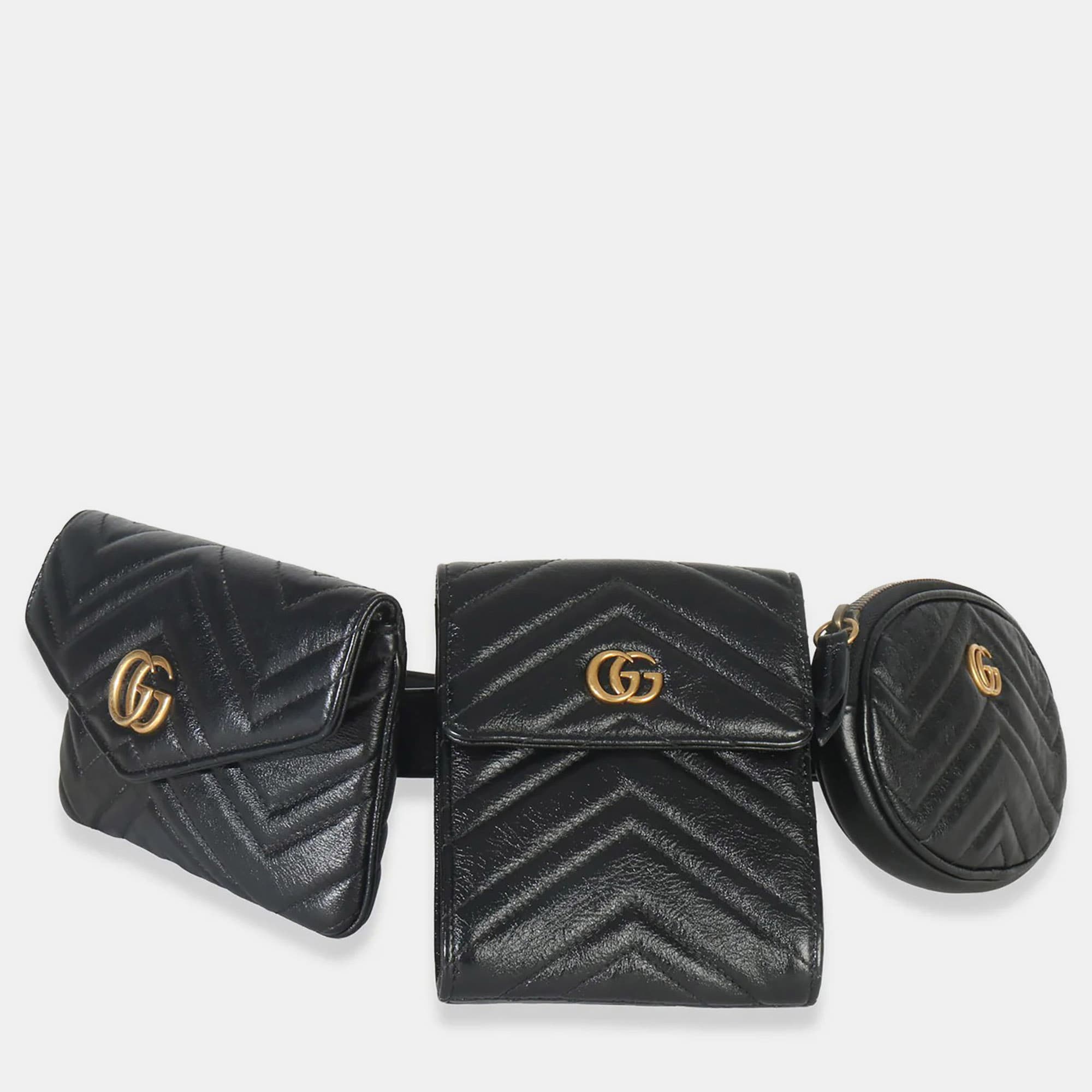 Gucci Black Matelasse Calfskin GG Marmont Triple Pouch Belt Bag