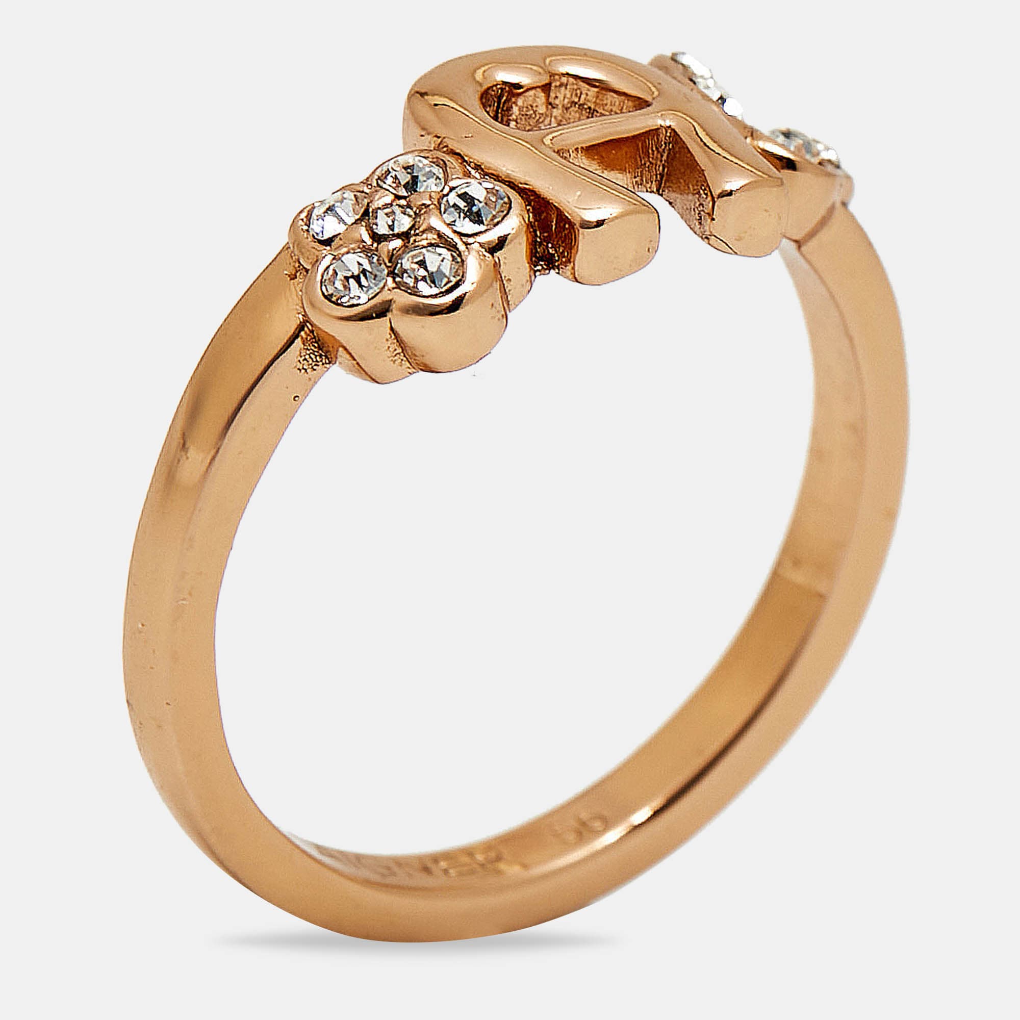 Aigner Logo Crystals Rose Gold Tone Ring Size 56