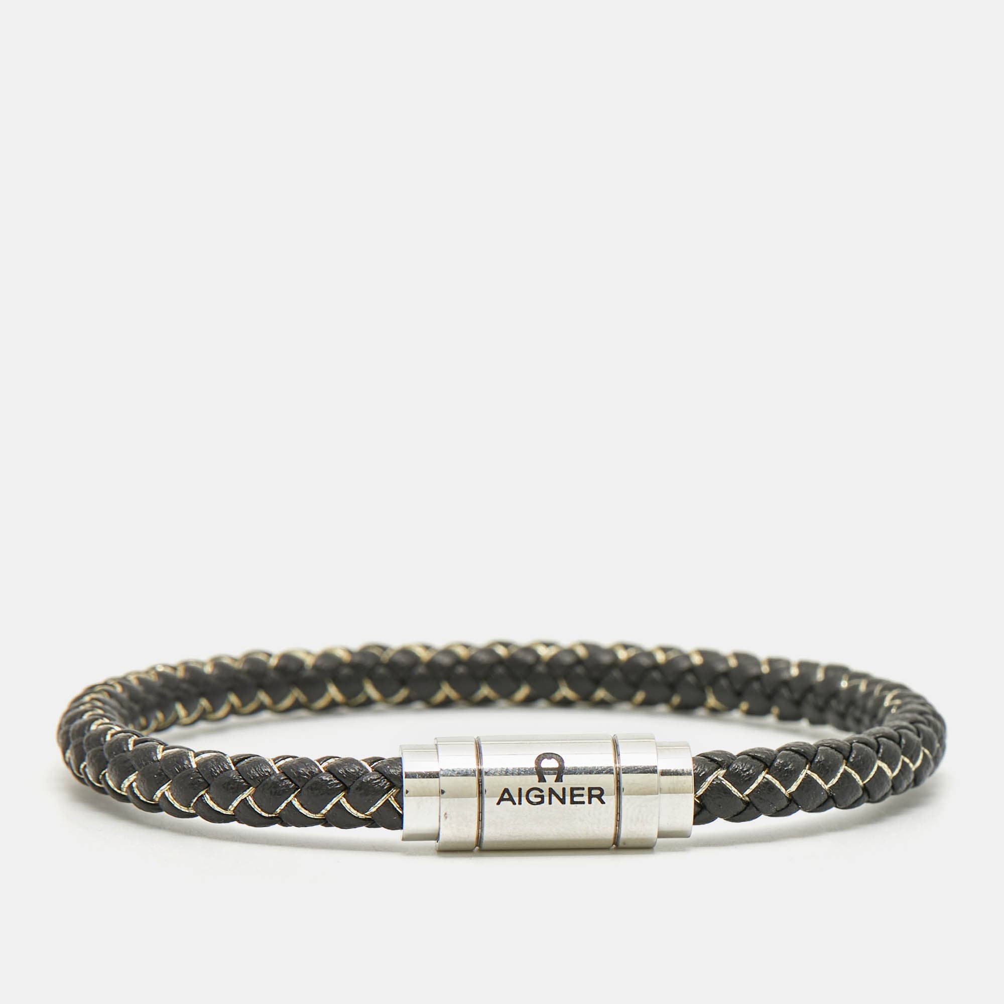 Aigner Leather Cord Silver Tone Bracelet