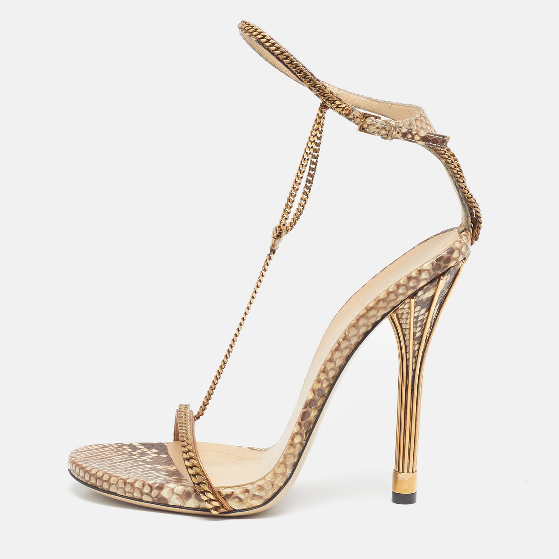 Gucci Size 38 Brown/Cream Python Leather Chain Link Ankle Strap Sandals