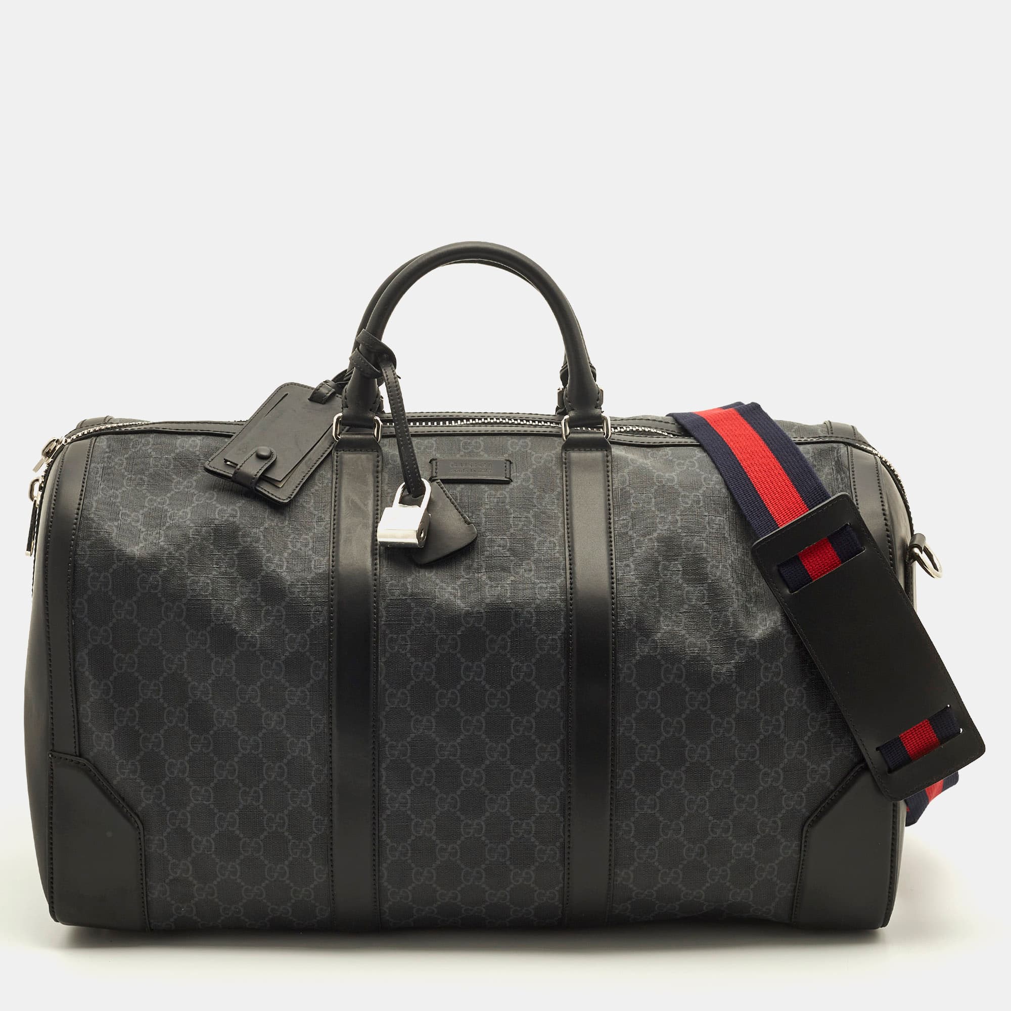 Gucci Black GG Supreme Canvas and Leather Large Carry On Duffle Bag