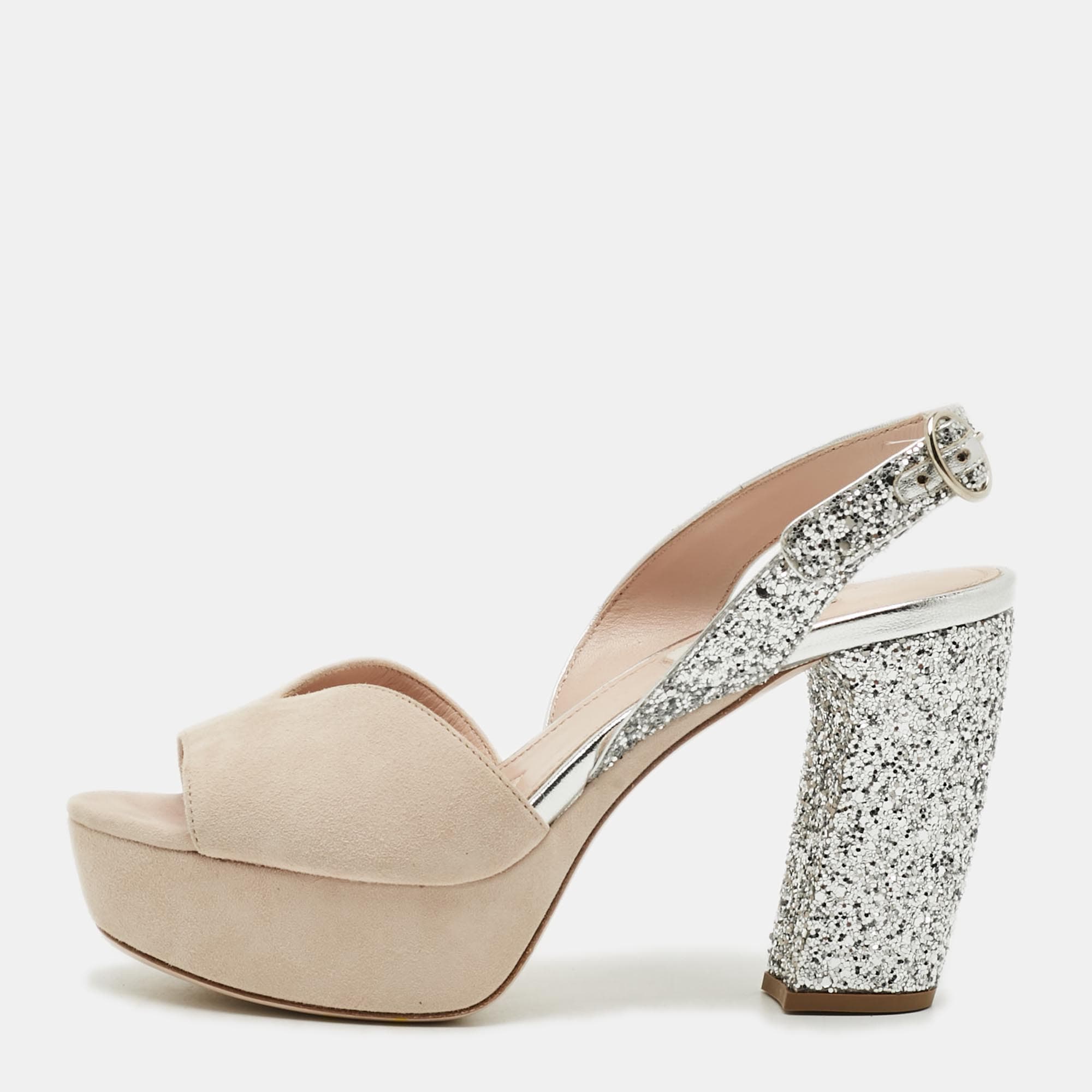 Miu Miu Size 36 Beige/Silver Leather and Suede Ankle Strap Sandals