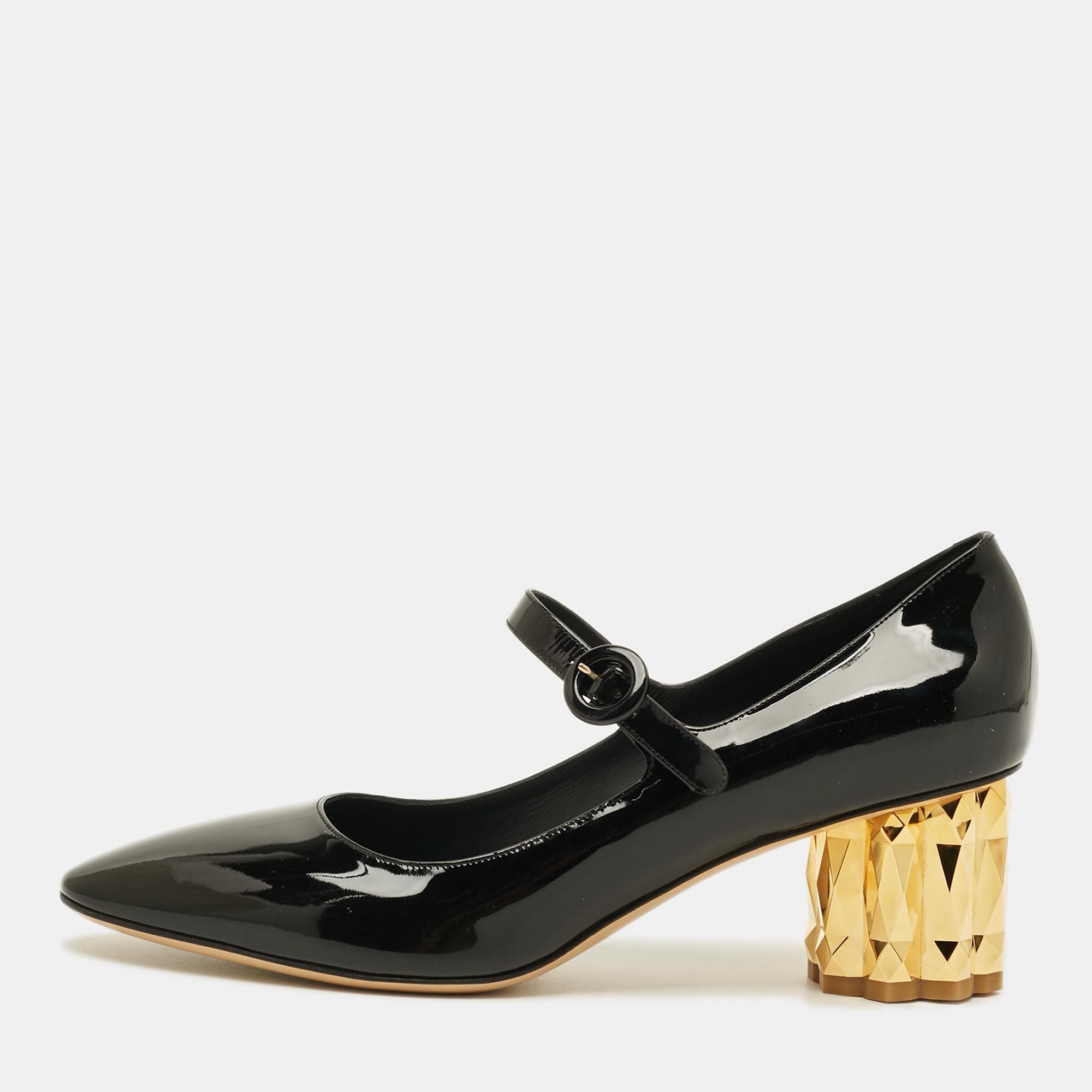 Salvatore Ferragamo Size 39.5 Black Patent Leather Block Heel Pumps