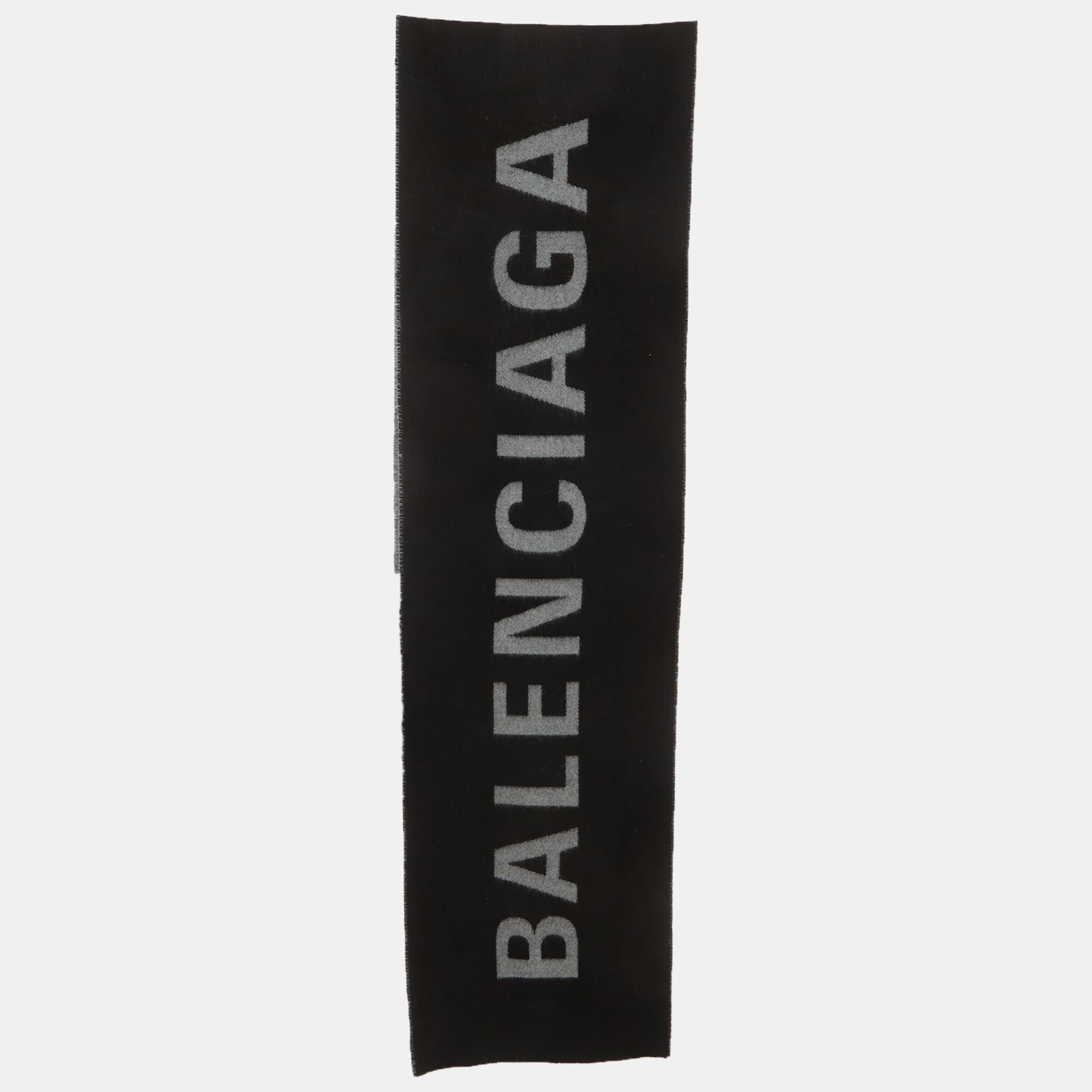 Balenciaga Black Logo Wool Reversible Scarf